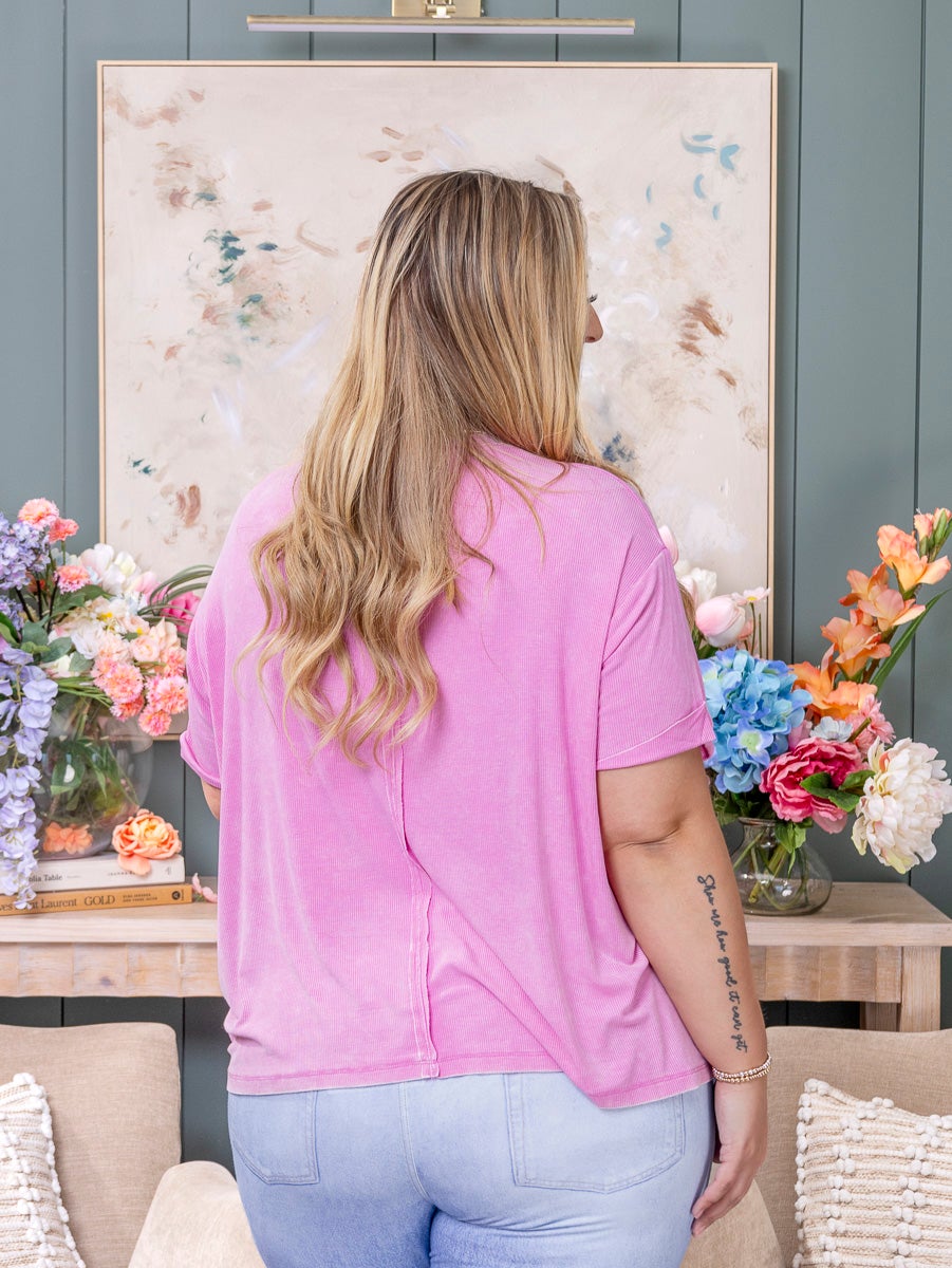 Zenana Washed Ribbed Short Sleeve Top With Pocket | S/M-2X/3X