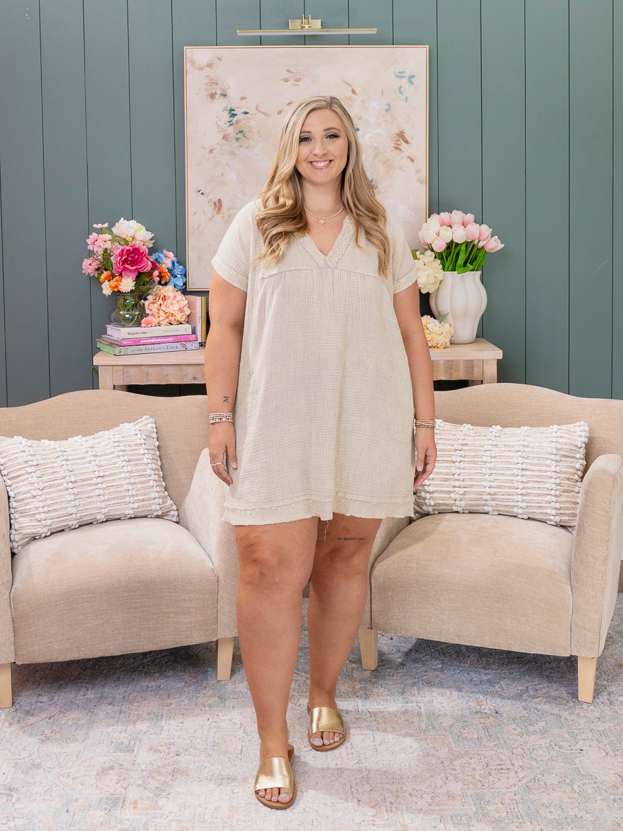 Zenana Washed Double Gauze Raw Edge V-Neck Dress | S - XL | Great