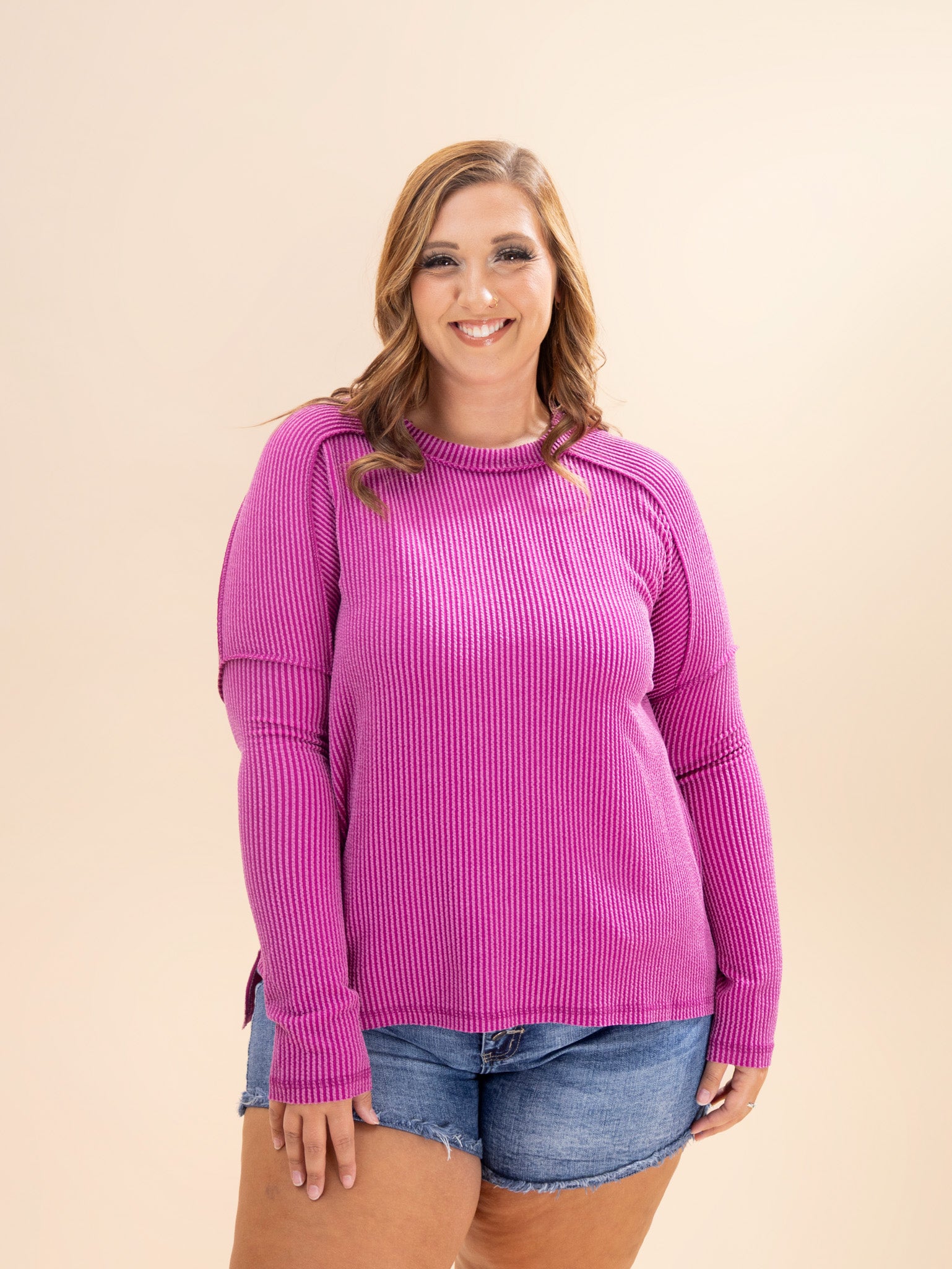 Zenana Raised Rib Exposed Seams Boat Neck Long Sleeve Top