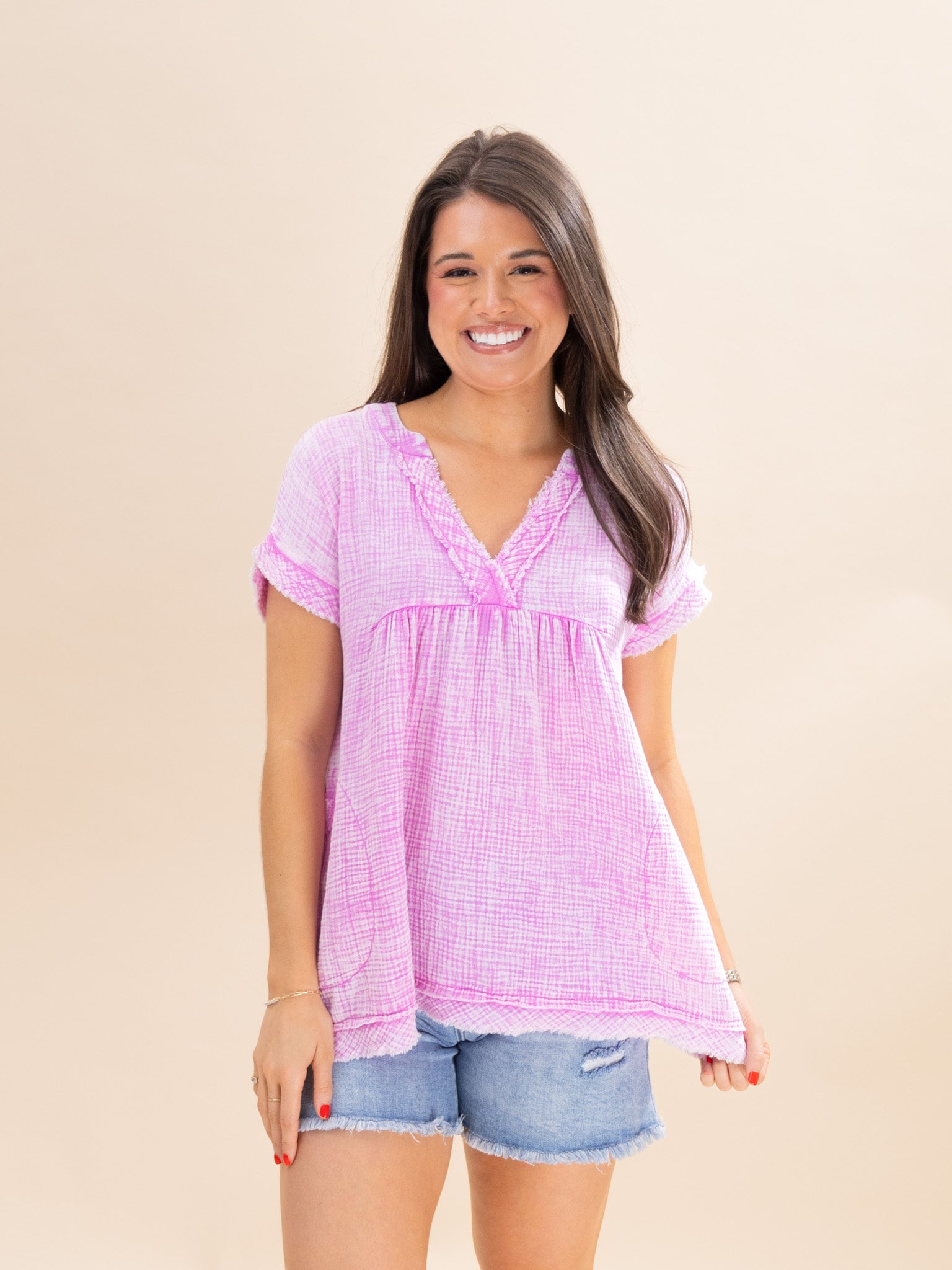 Zenana Washed Double Gauze Raw Edge Short Sleeve Top | S-3X