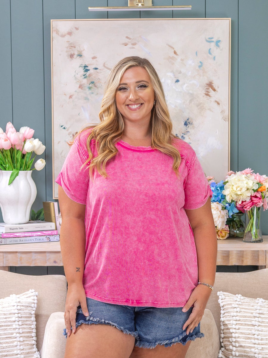 Zenana Short Sleeve Oversized Washed Ribbed Top | S/M-2X/3X