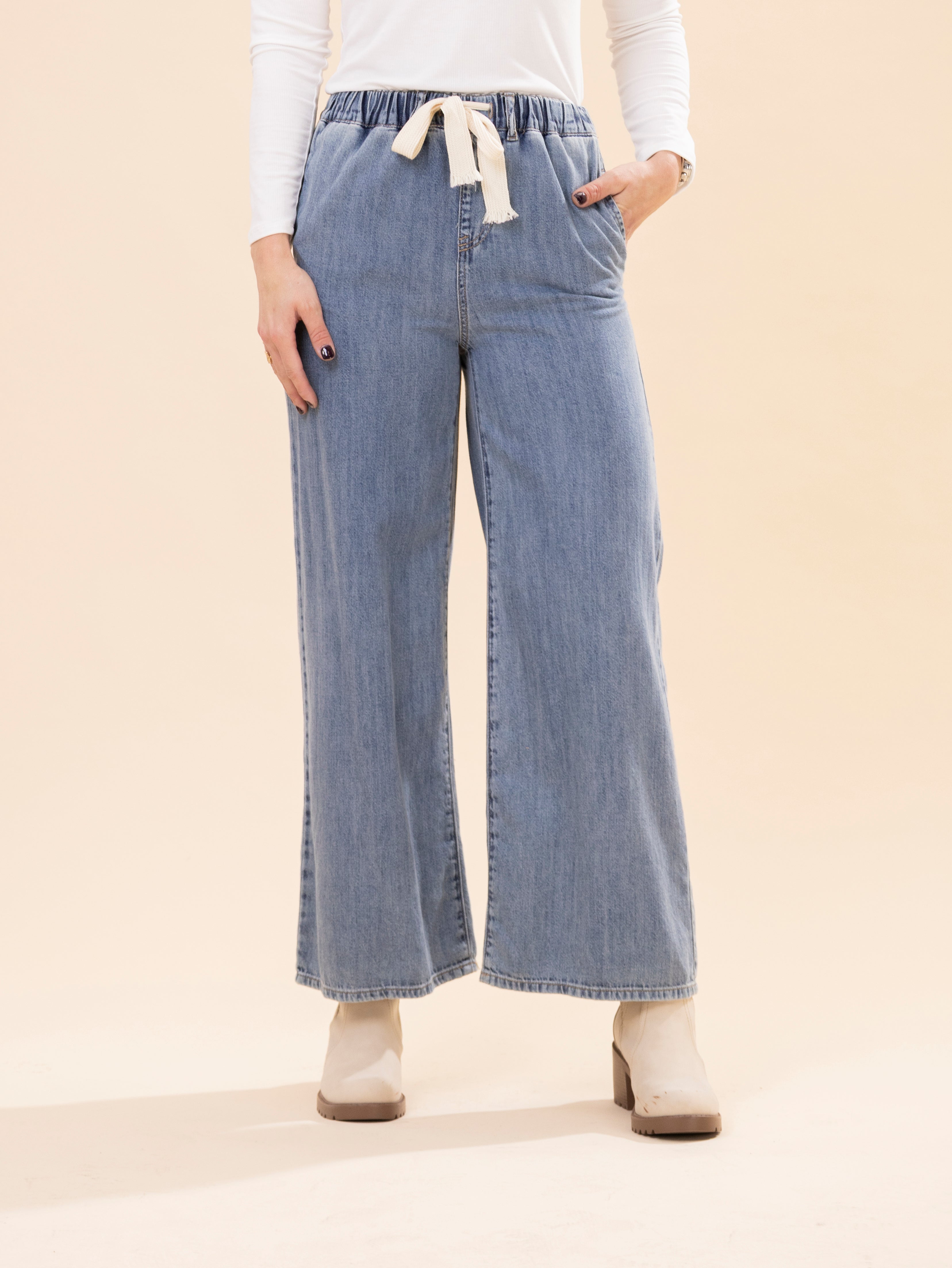 Zenana Wide Leg Drawstring Elastic Waistband Denim Pants | S-L