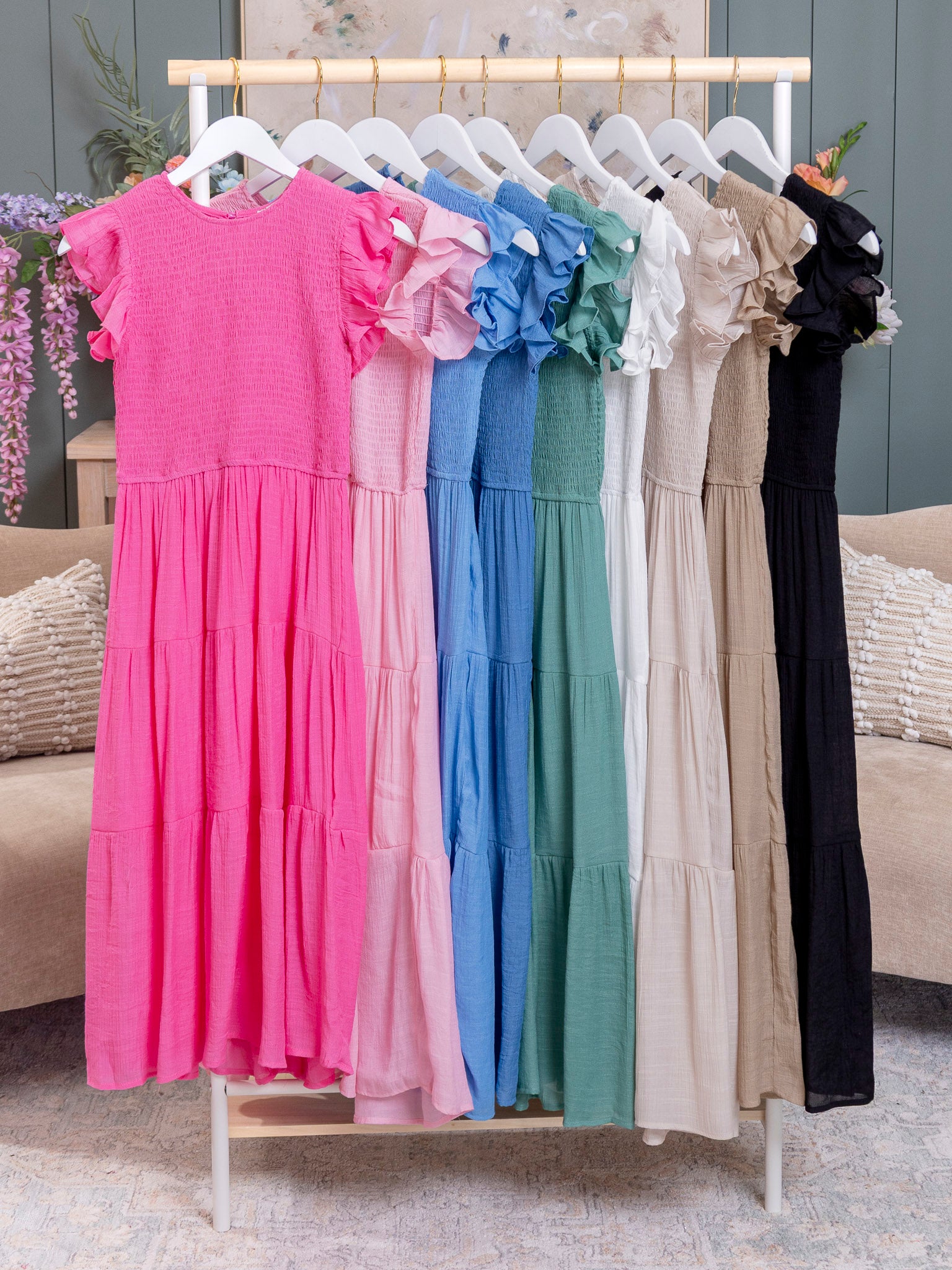 Zenana Woven Smocked Ruffle Sleeve Midi Dress | S-L | Great