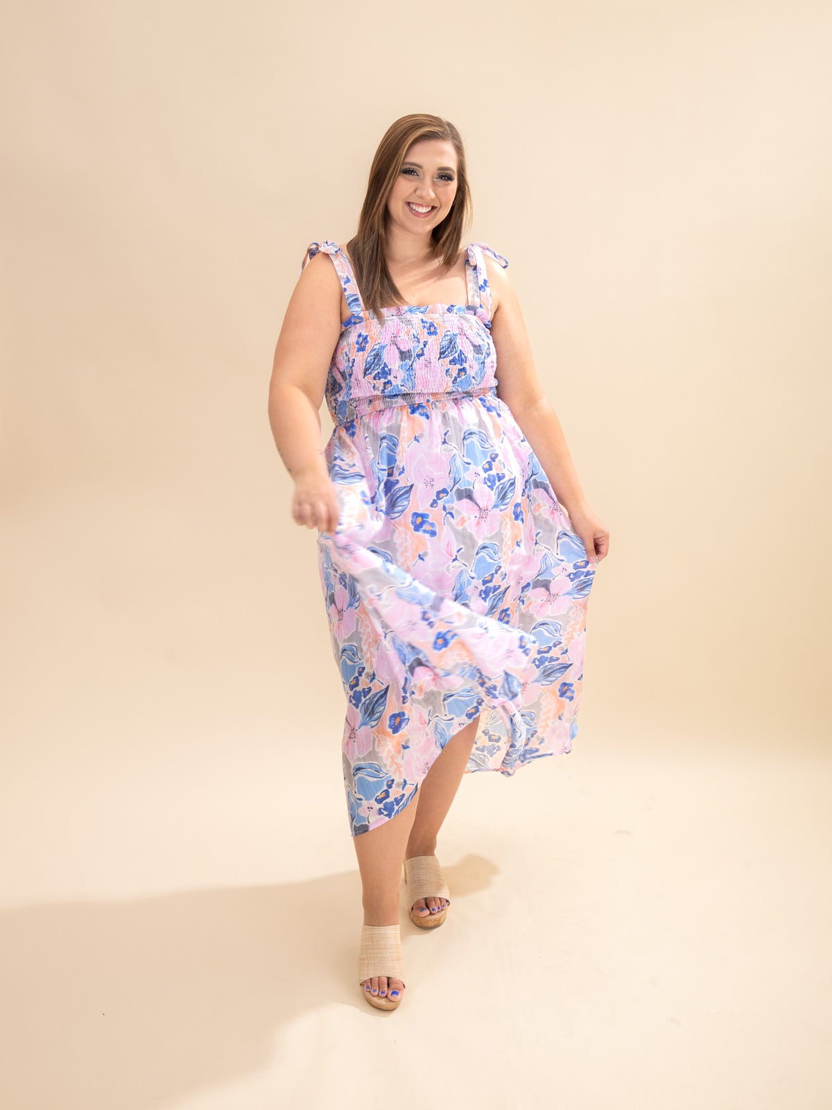 floral smocked tie waist midi dress Loft Floral Smocked Tie Waist Midi Dress Size XS Clove Women's