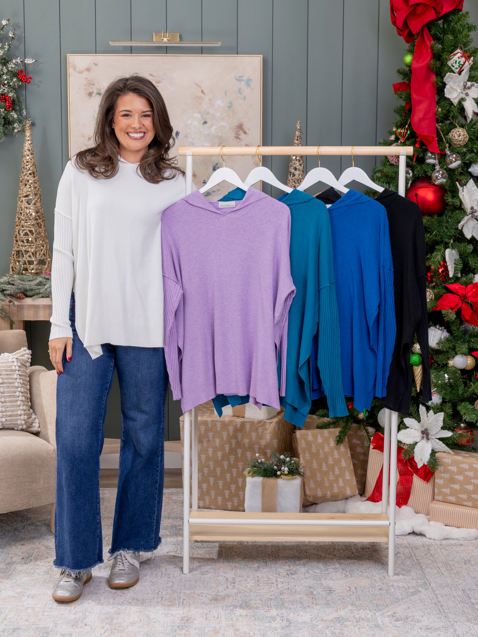 Zenana Perfect Knit Drawstring Hoodie w/ Rib Sleeve Sweater | S