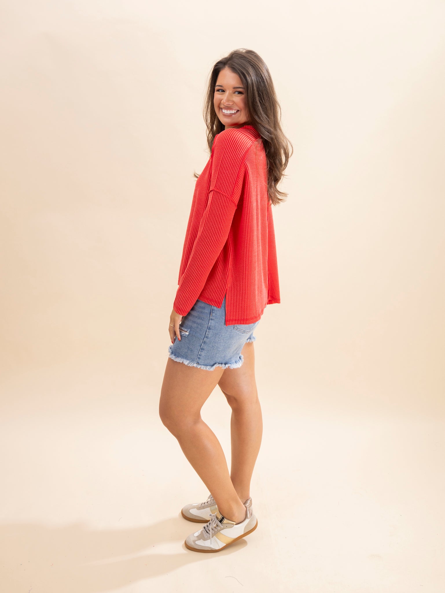 Zenana Raised Rib Exposed Seams Boat Neck Long Sleeve Top | Great