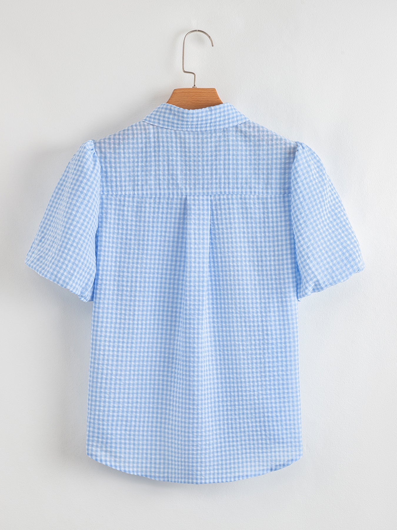 Gingham Print Puff Sleeve Button-Up Shirt | Dragonflies