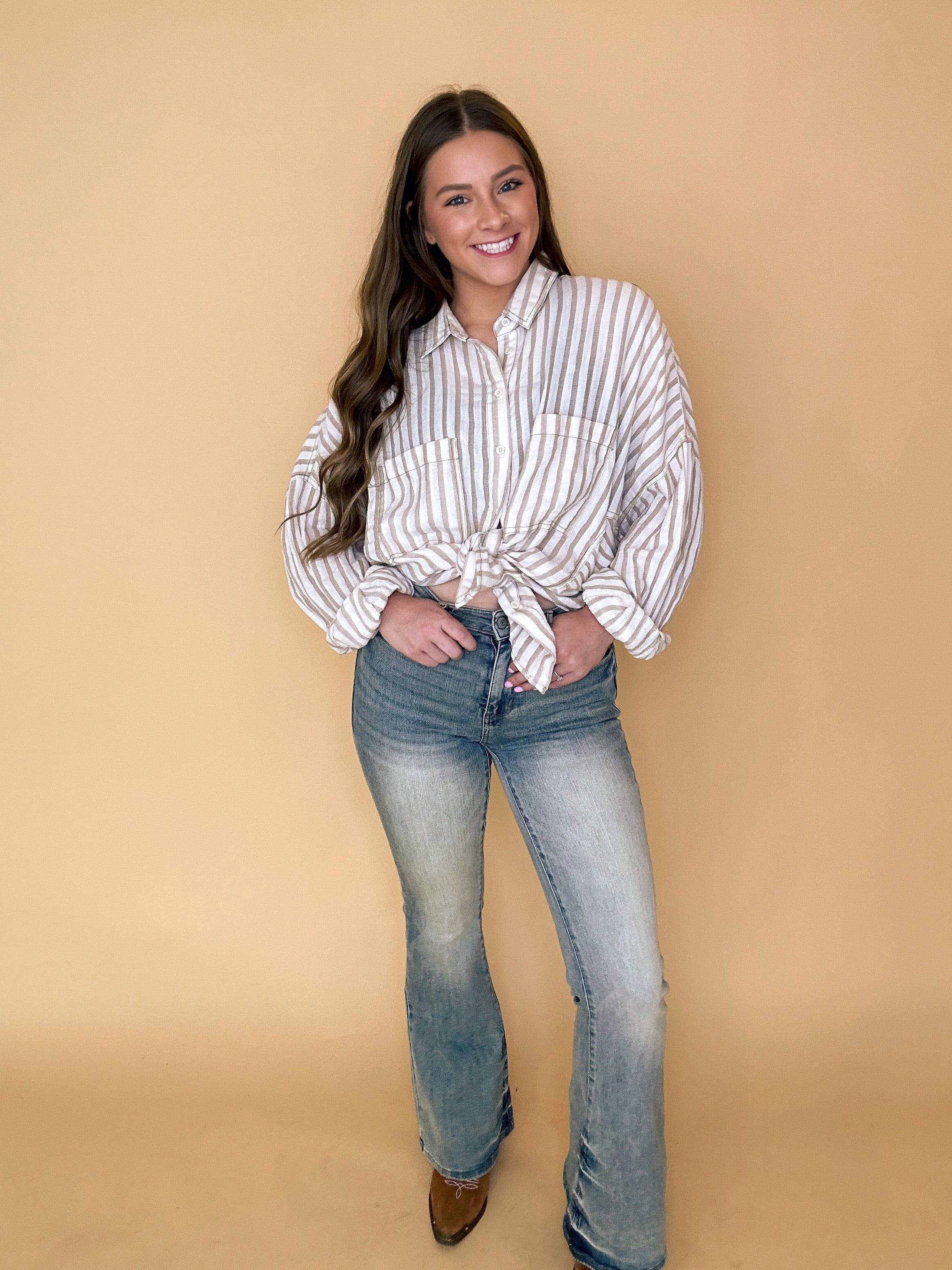 thumbnail image 2 of Megan Mid Rise Tinted Pin Tack Detail Flare Jeans – Judy Blue 2 of 10