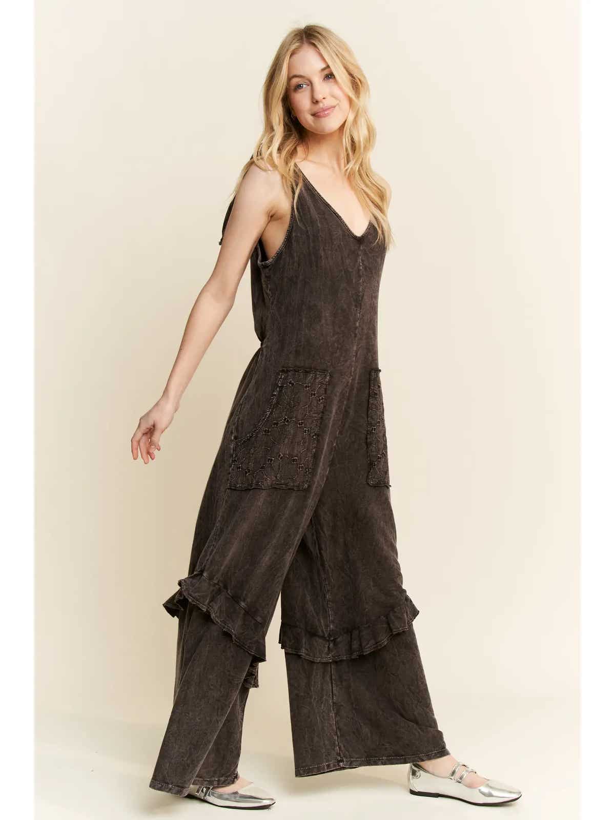 J Her- Mineral Washed Eyelet Pocket Jumpsuit (Ash Black