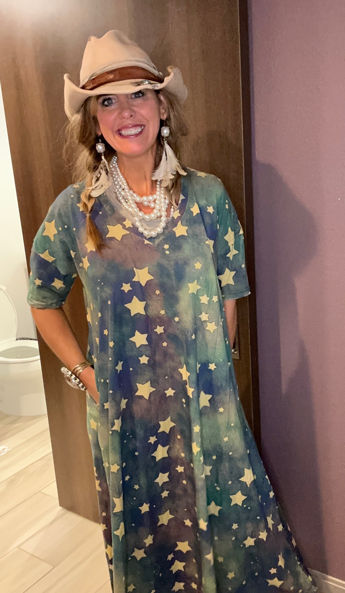 A Rare Bird- Gold Stars T-Shirt Dress Eclectic Ruby Red