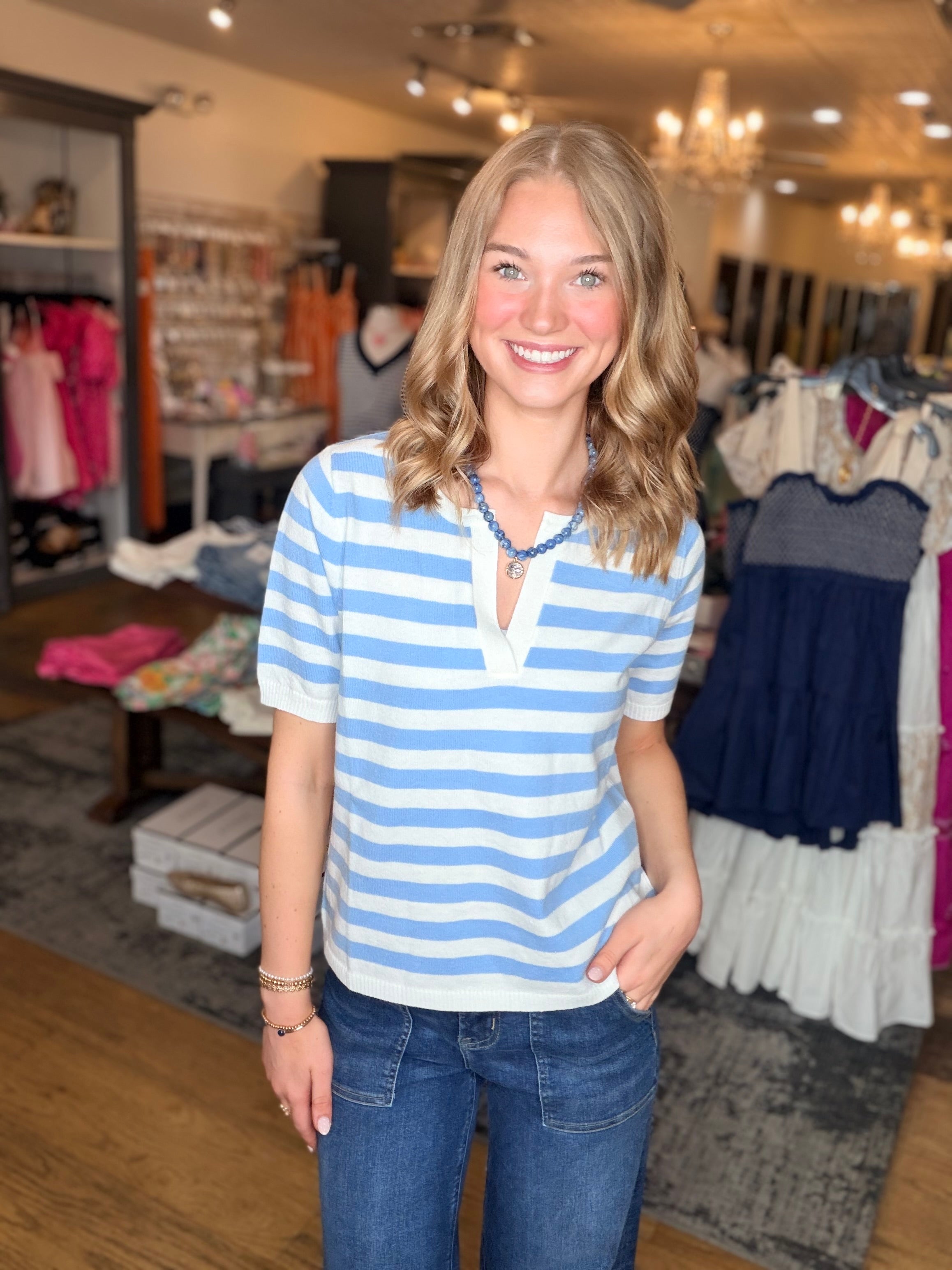 Blue and White Stripe Summer Sweater Top | Ellie Clothing