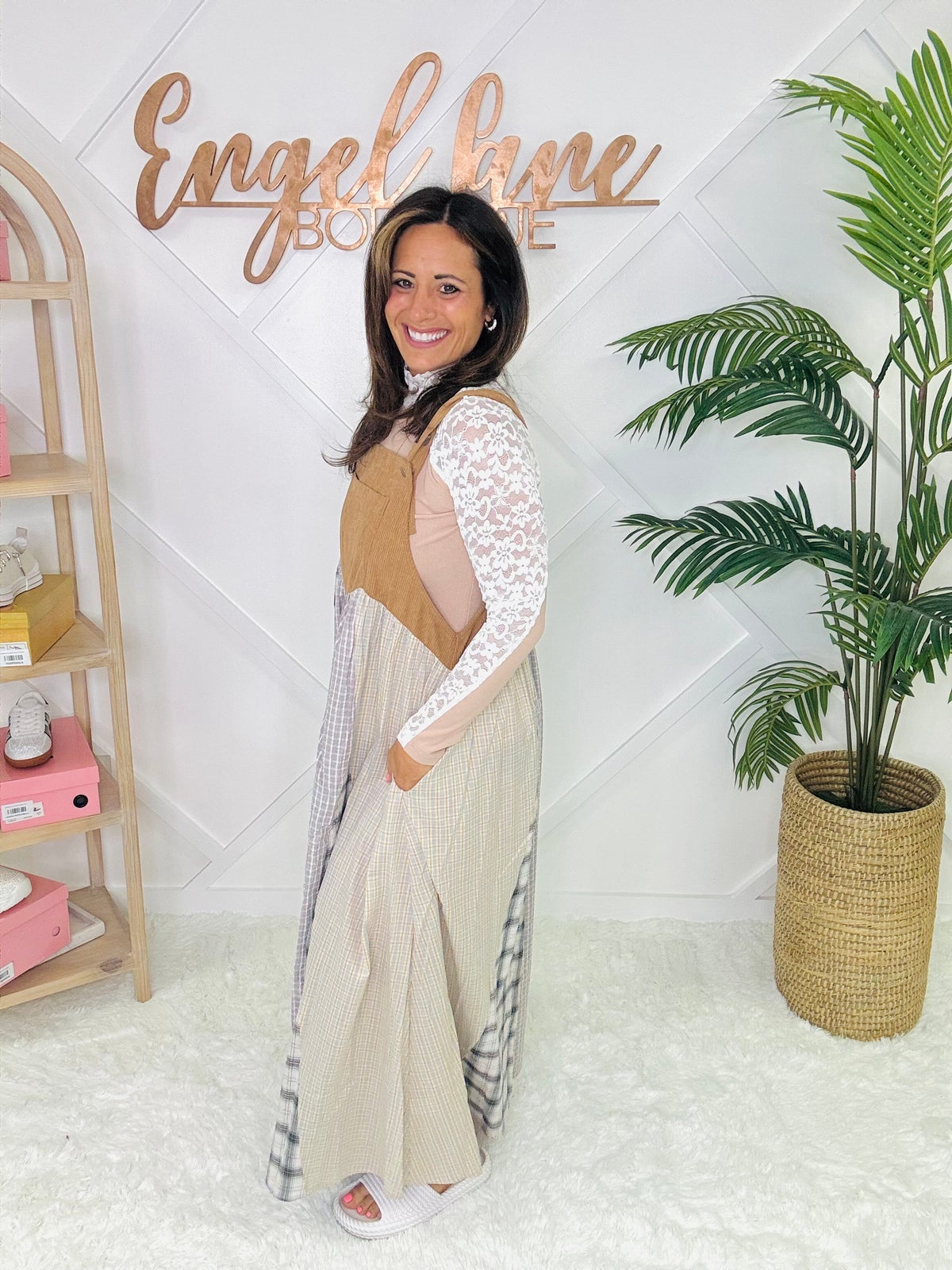 Oddi Overall Maxi Dress (Taupe Multi) Engel Lane Boutique