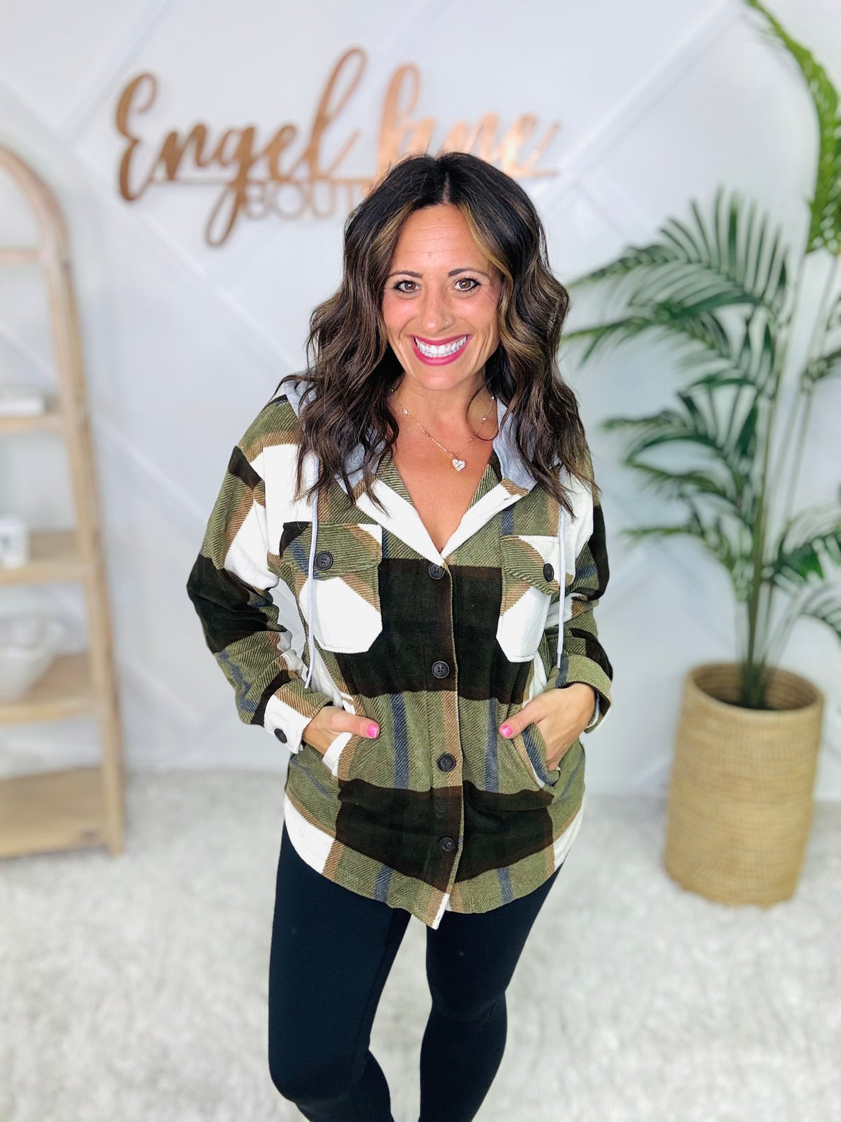 Zenana Flannel is Forever Plaid Drawstring Hooded Fleece Shacket in Black