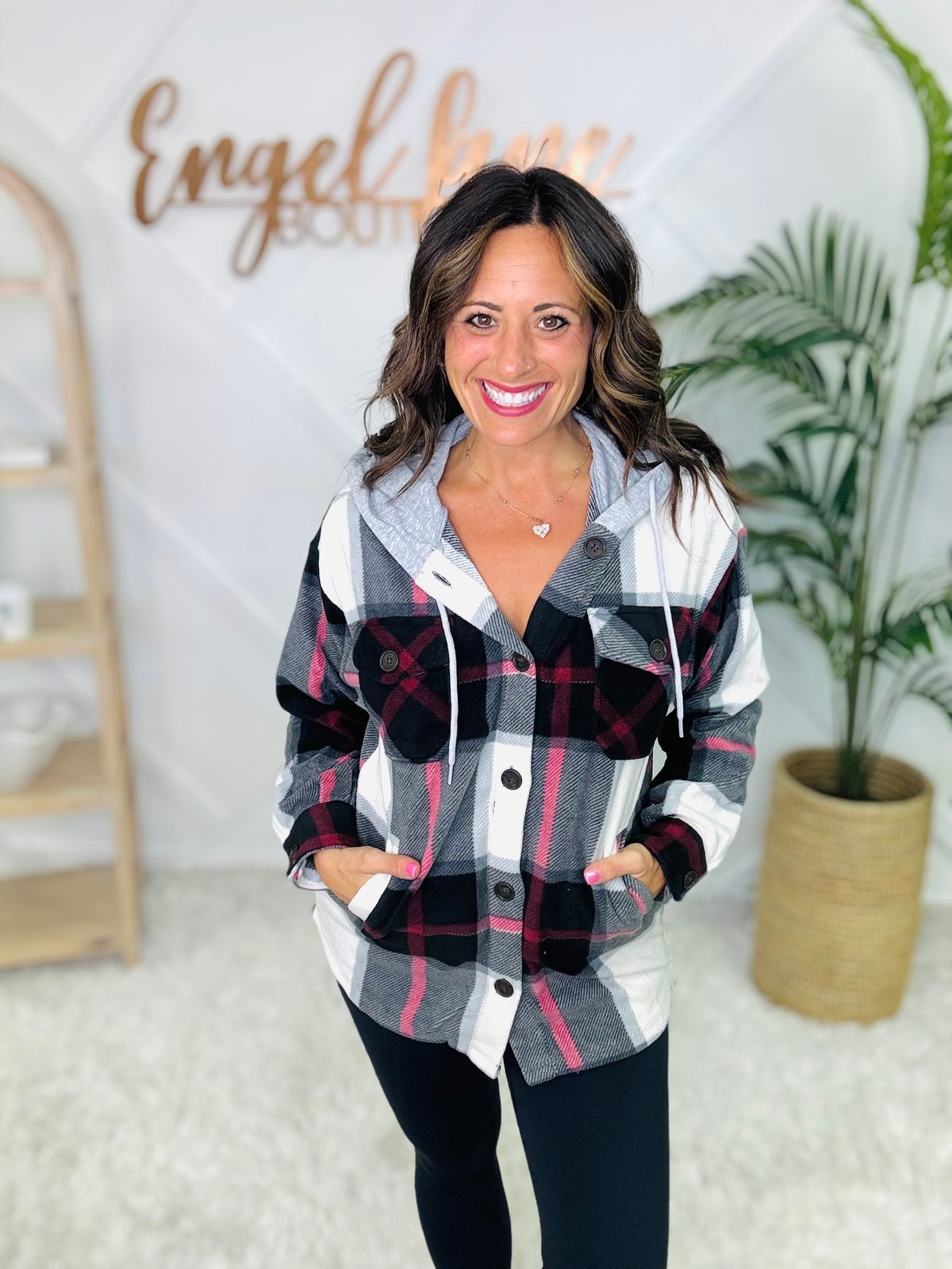 Zenana Plaid Drawstring Hooded Fleece Shacket