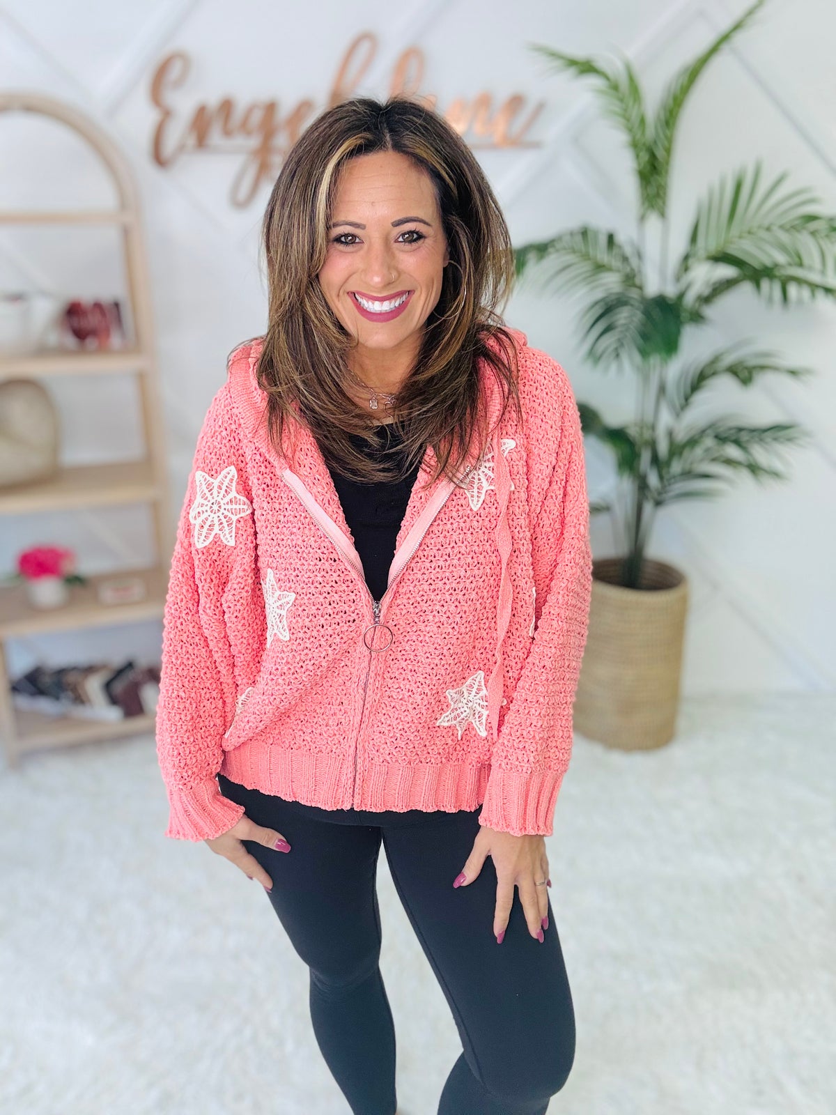 Pol Crochet Star Patch Chenille Zip Hoodie (Flamingo Pink) Engel