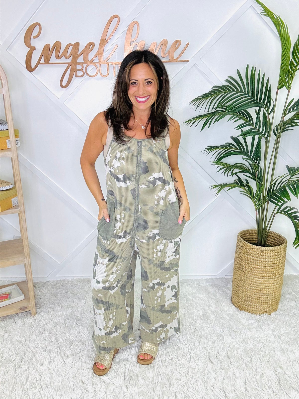 Easel Camo Sleeveless Jumpsuit (Ecru Olive) Engel Lane Boutique