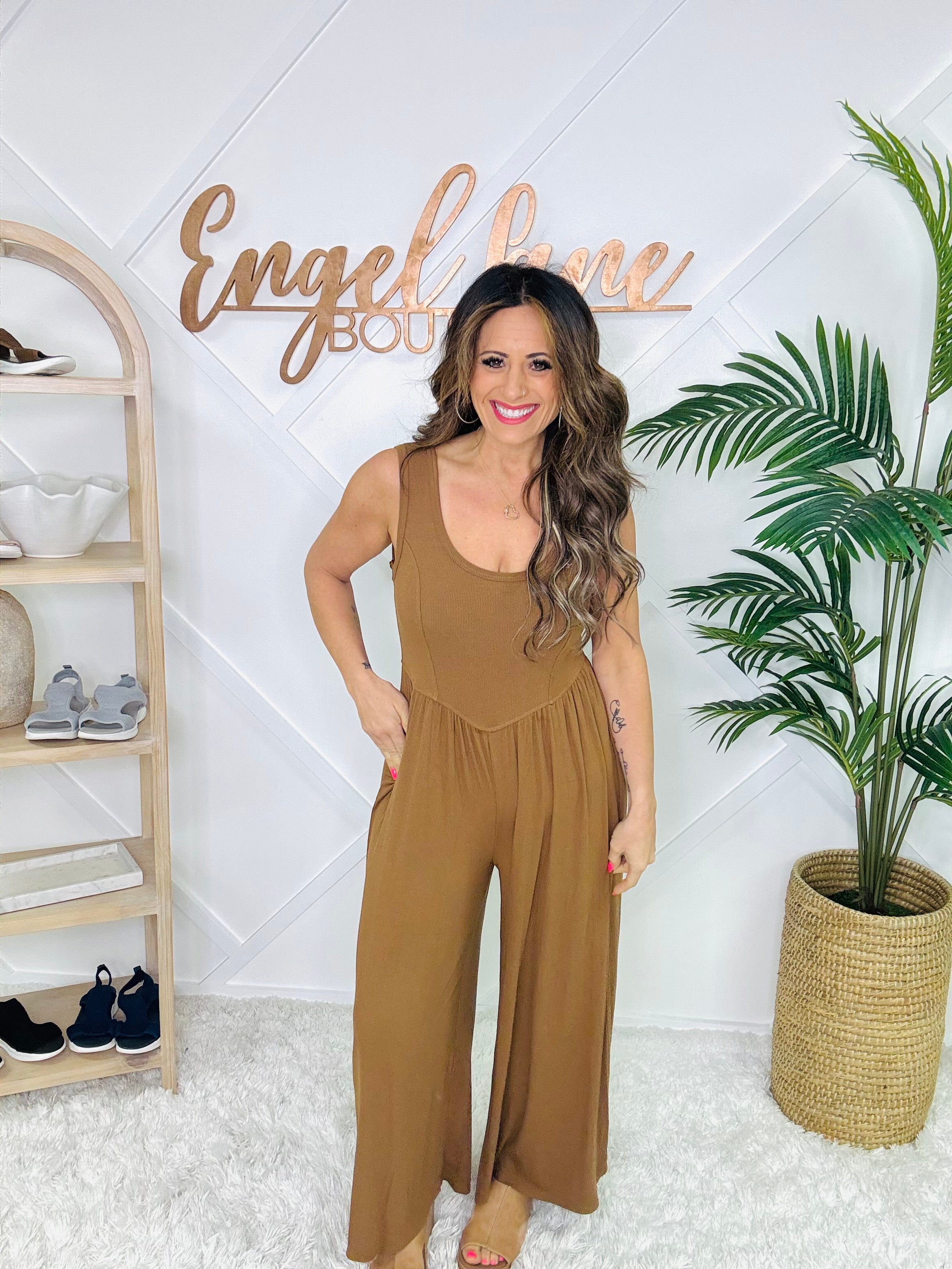 Very J V-Neck Barrel Frech Terry Jumpsuit (Black) | Engel