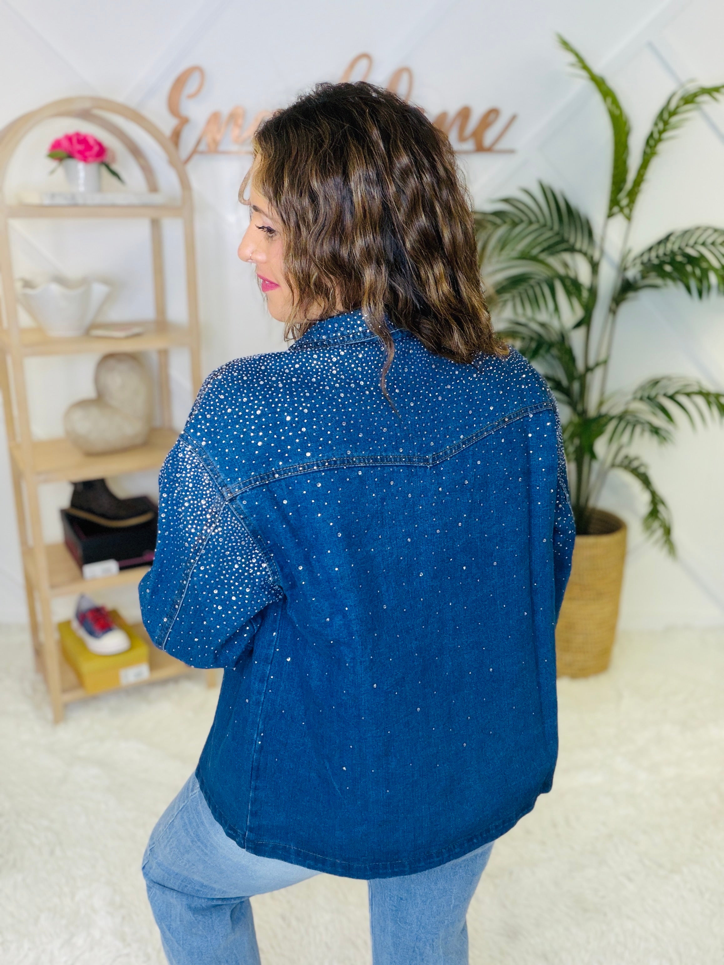 Lucky & Blessed Rhinestone Denim Jacket (Dark Wash) | Engel Lane