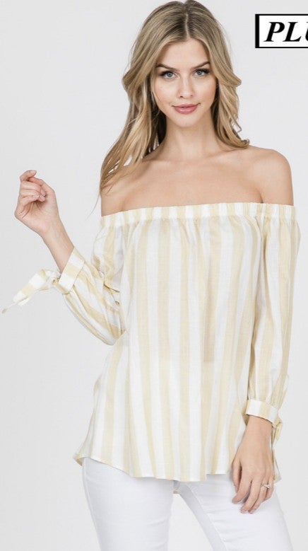 yellow and white striped off the shoulder top