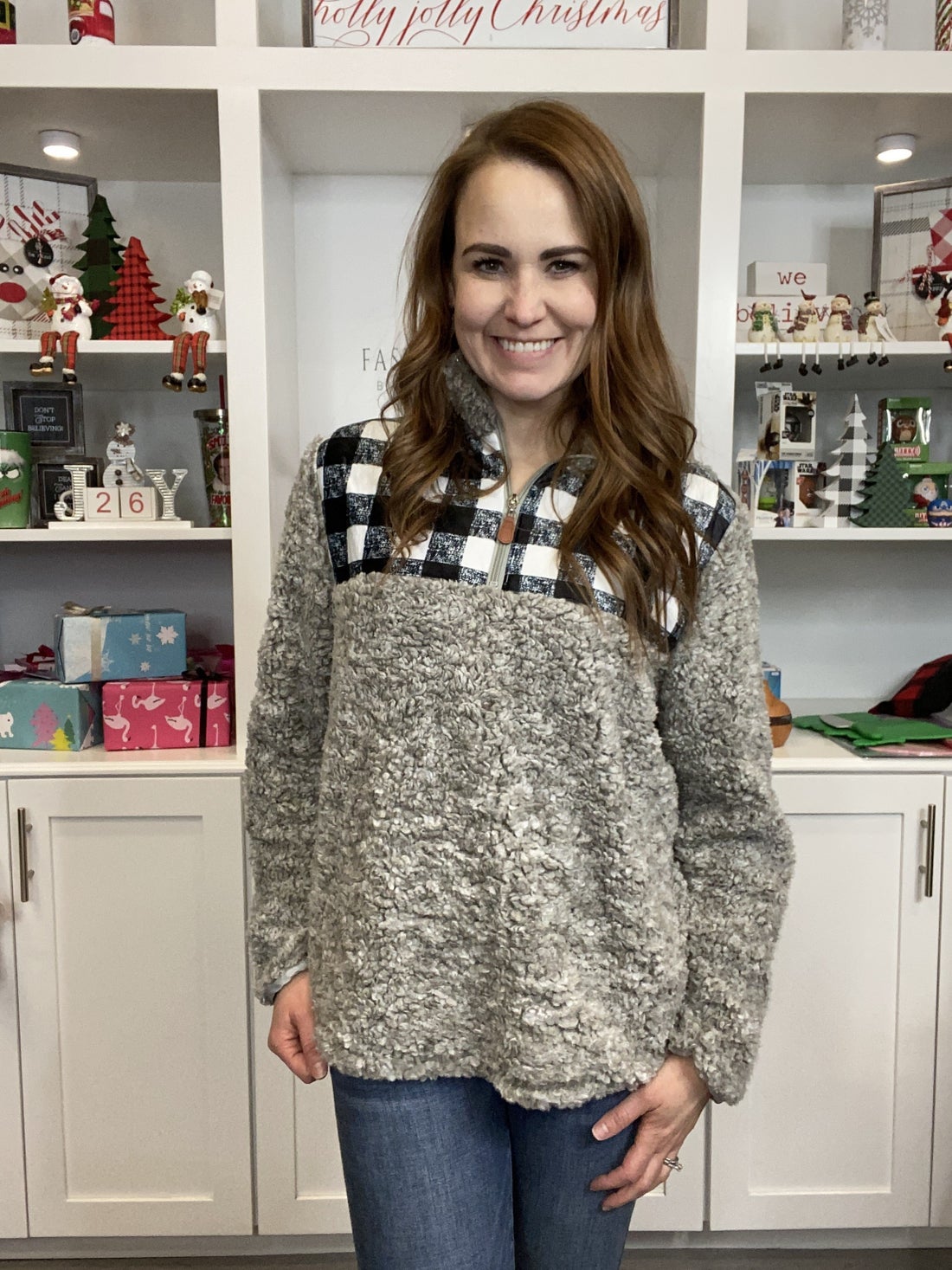 womens plaid sherpa pullover