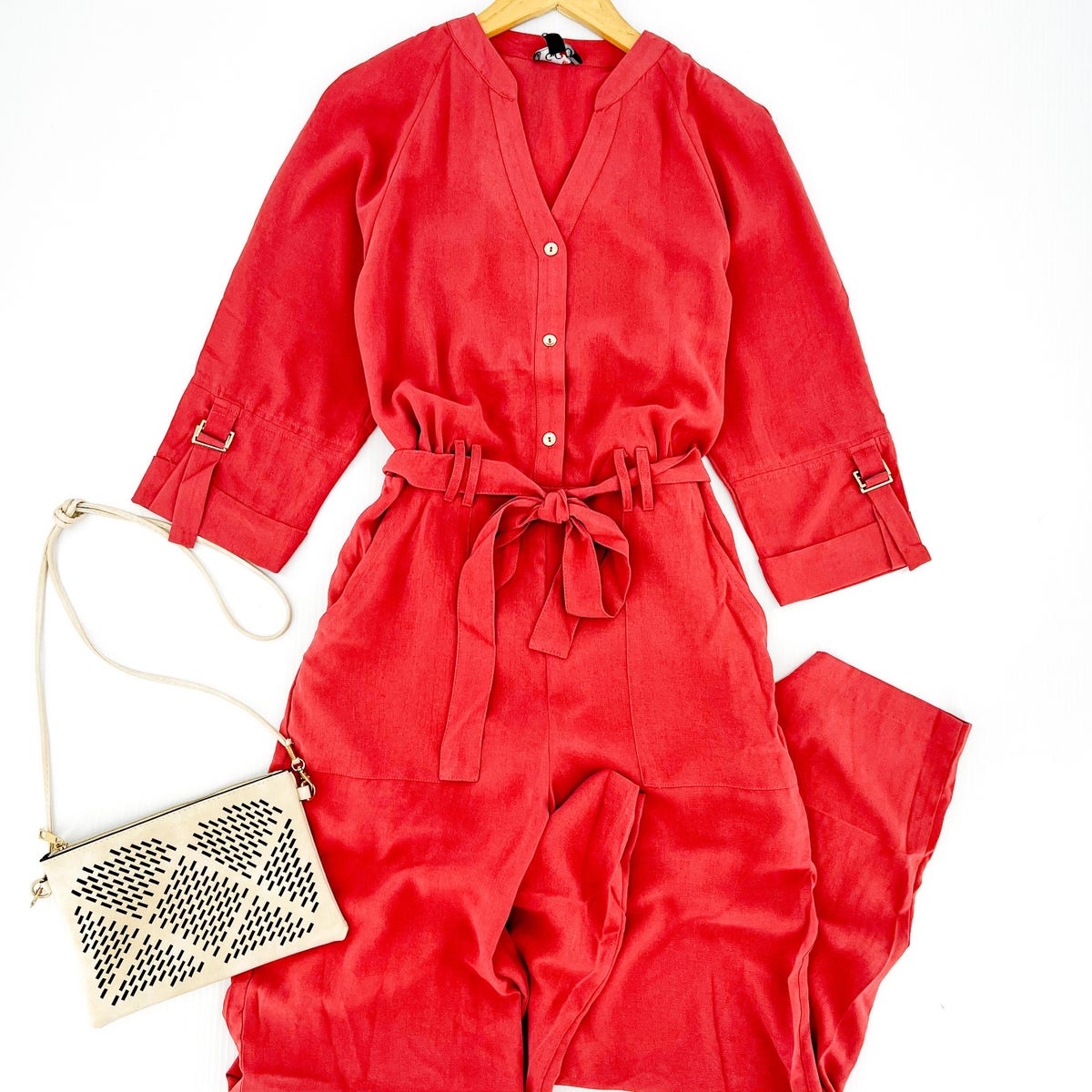 Rolled Sleeve Jumpsuit w/ Waist Tie ROSE Home