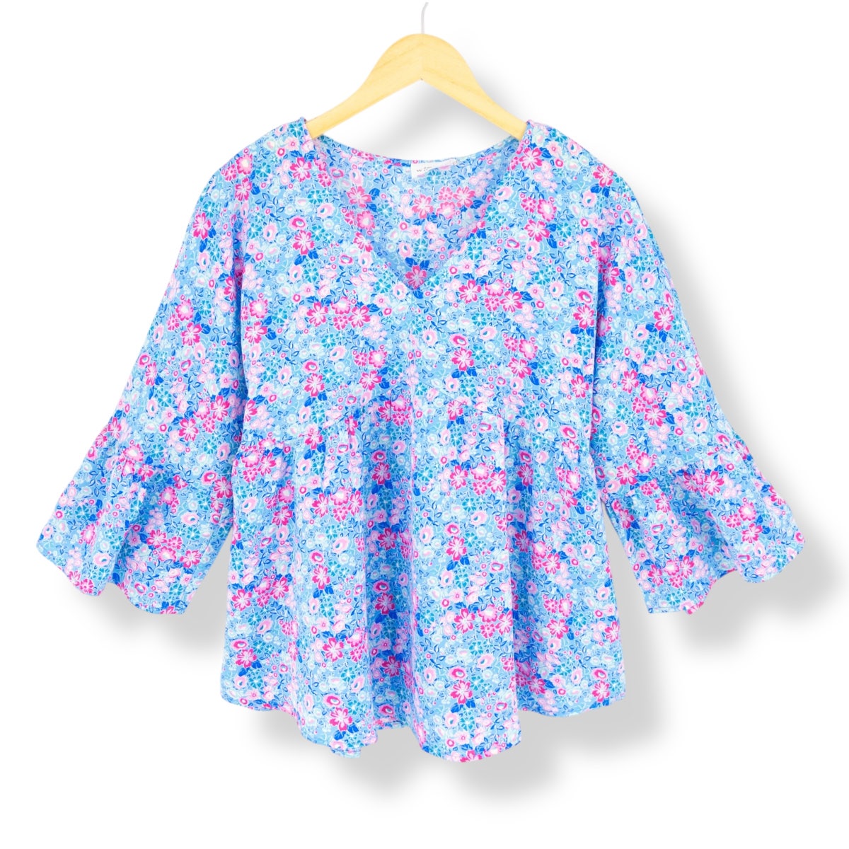 Shayla Floral Print Puff Sleeve V Neck Babydoll Style Blouse