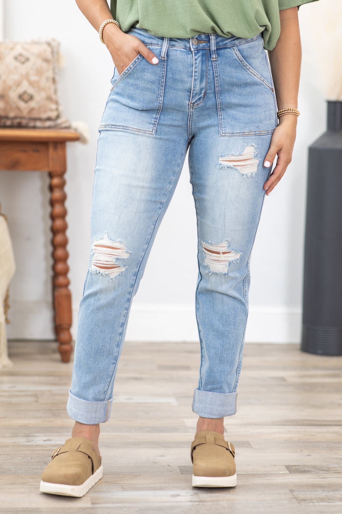 Judy Blue Patch Pocket Distress Boyfriend Jeans Filly Flair