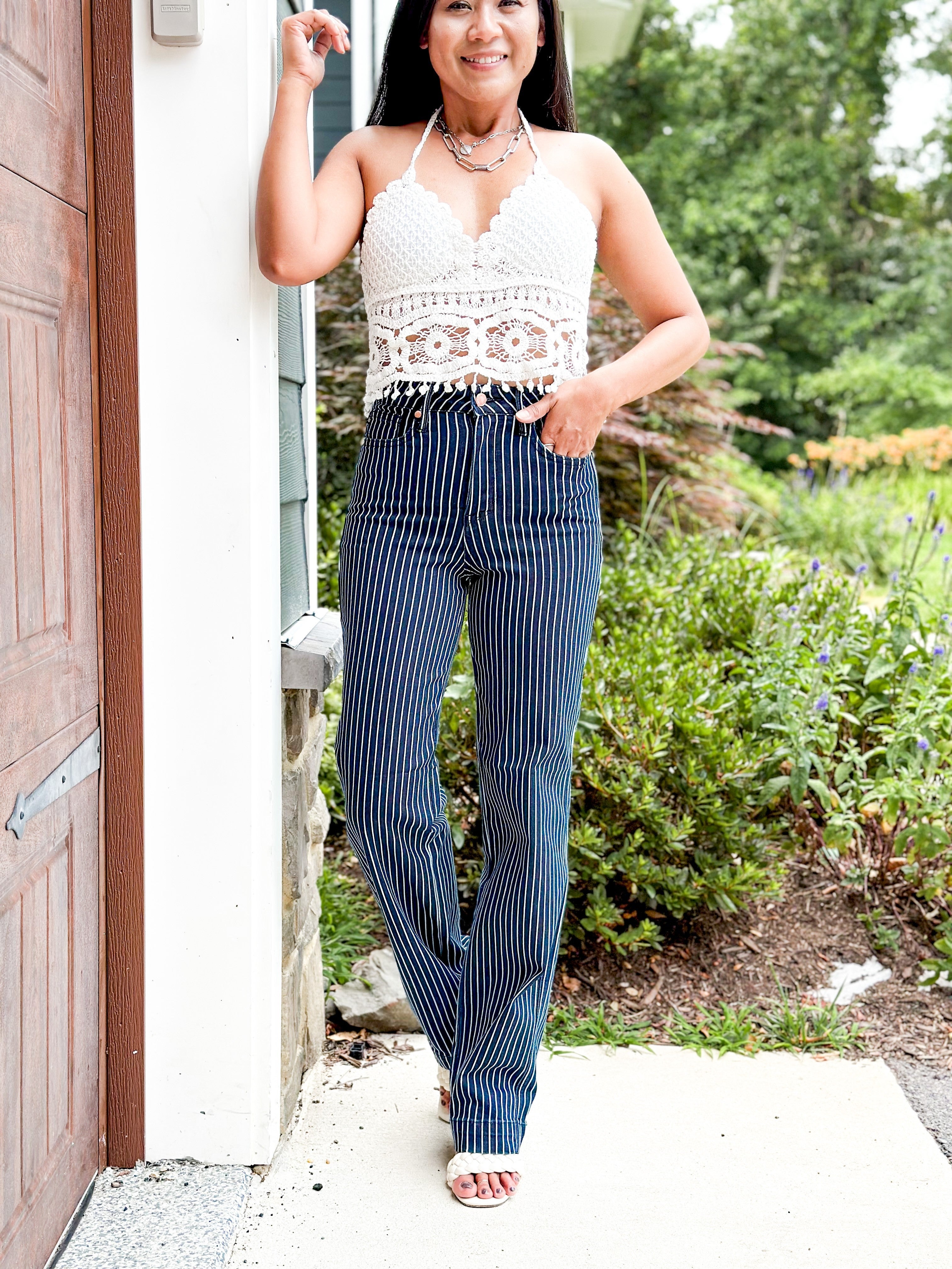 Judy Blue High Rise Control Top Non Distressed Striped Straight Leg Jeans Freckled Poppy Boutique