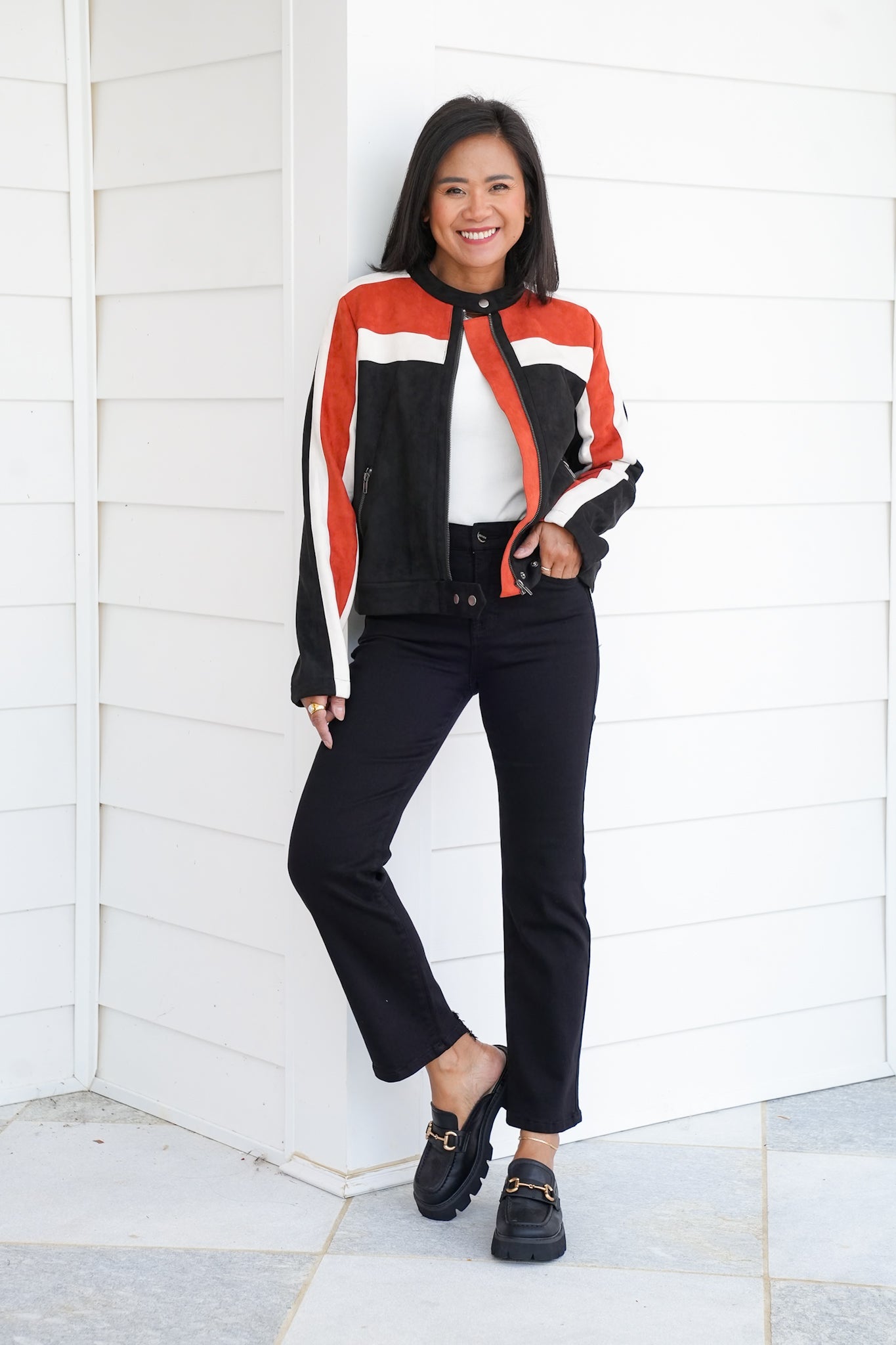 Color Block Long Sleeve Zip Up Moto Jacket | Freckled Poppy