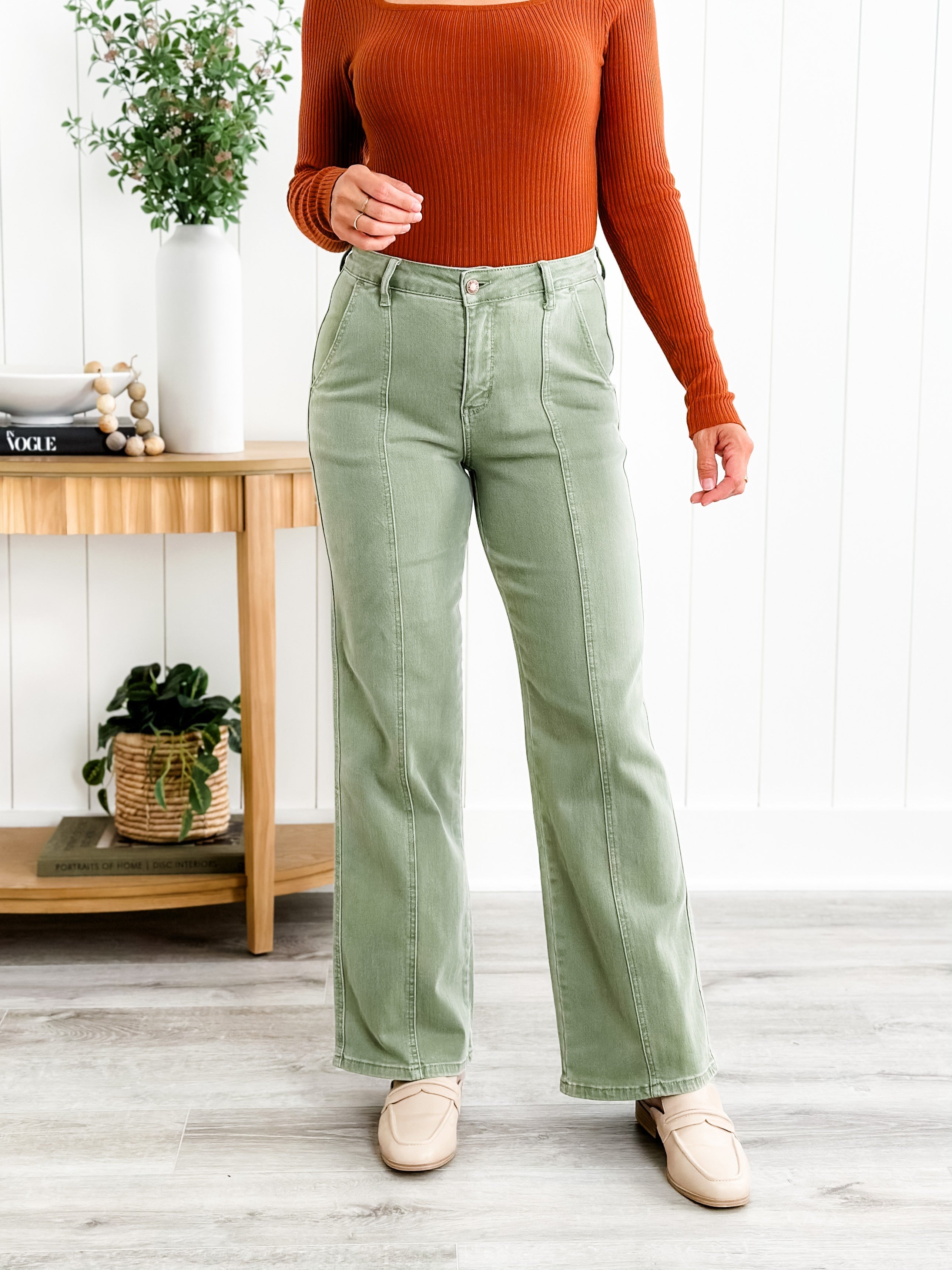 Judy Blue Working Girl Sage High Rise Front Seam Straight Leg Jeans |  Freckled Poppy Boutique