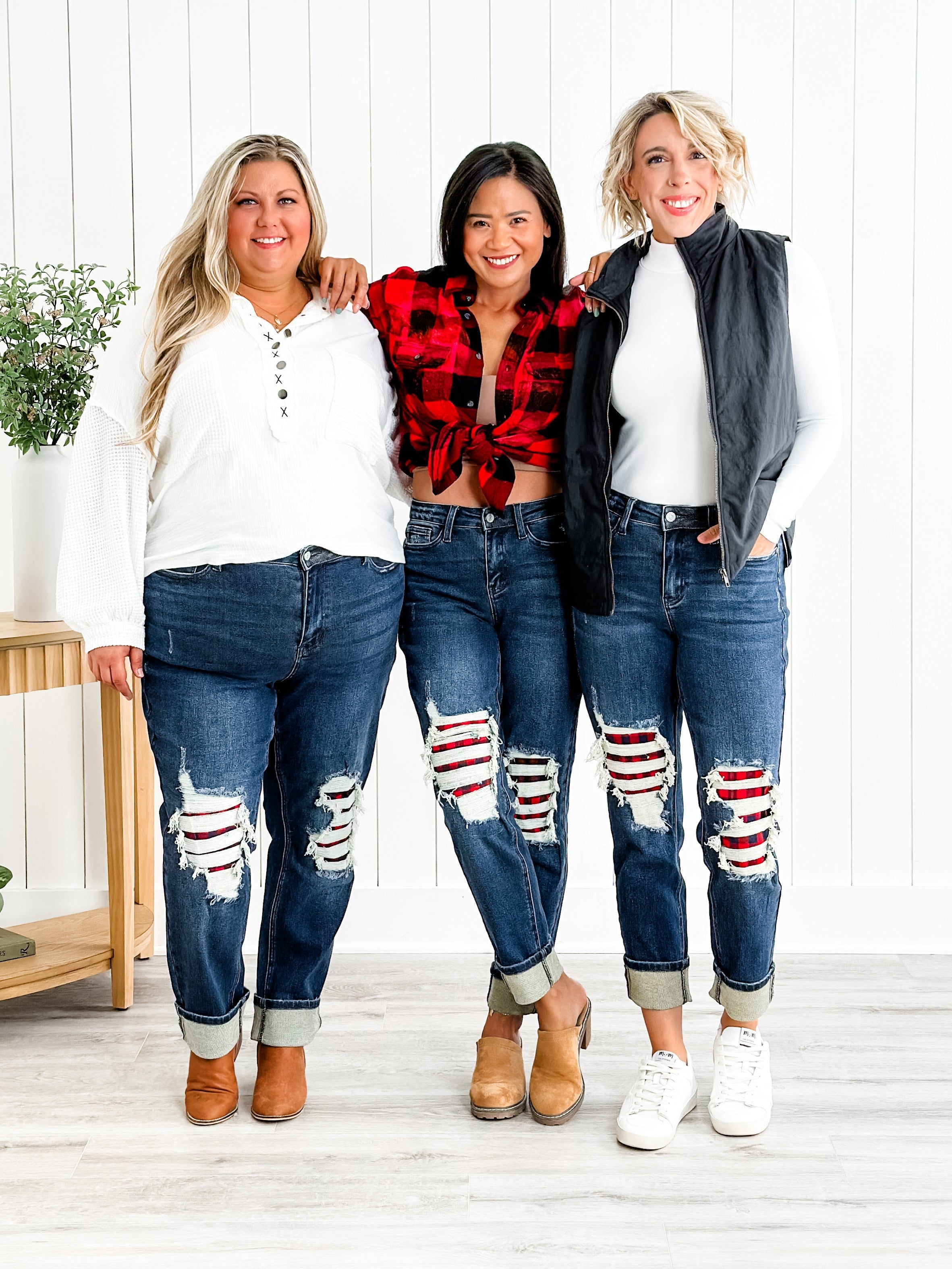Judy Blue Warm and Cozy Mid Rise Dark Wash Boyfriend Buffalo Plaid Knee  Destroy Patches With Cuff Jeans | Freckled Poppy Boutique