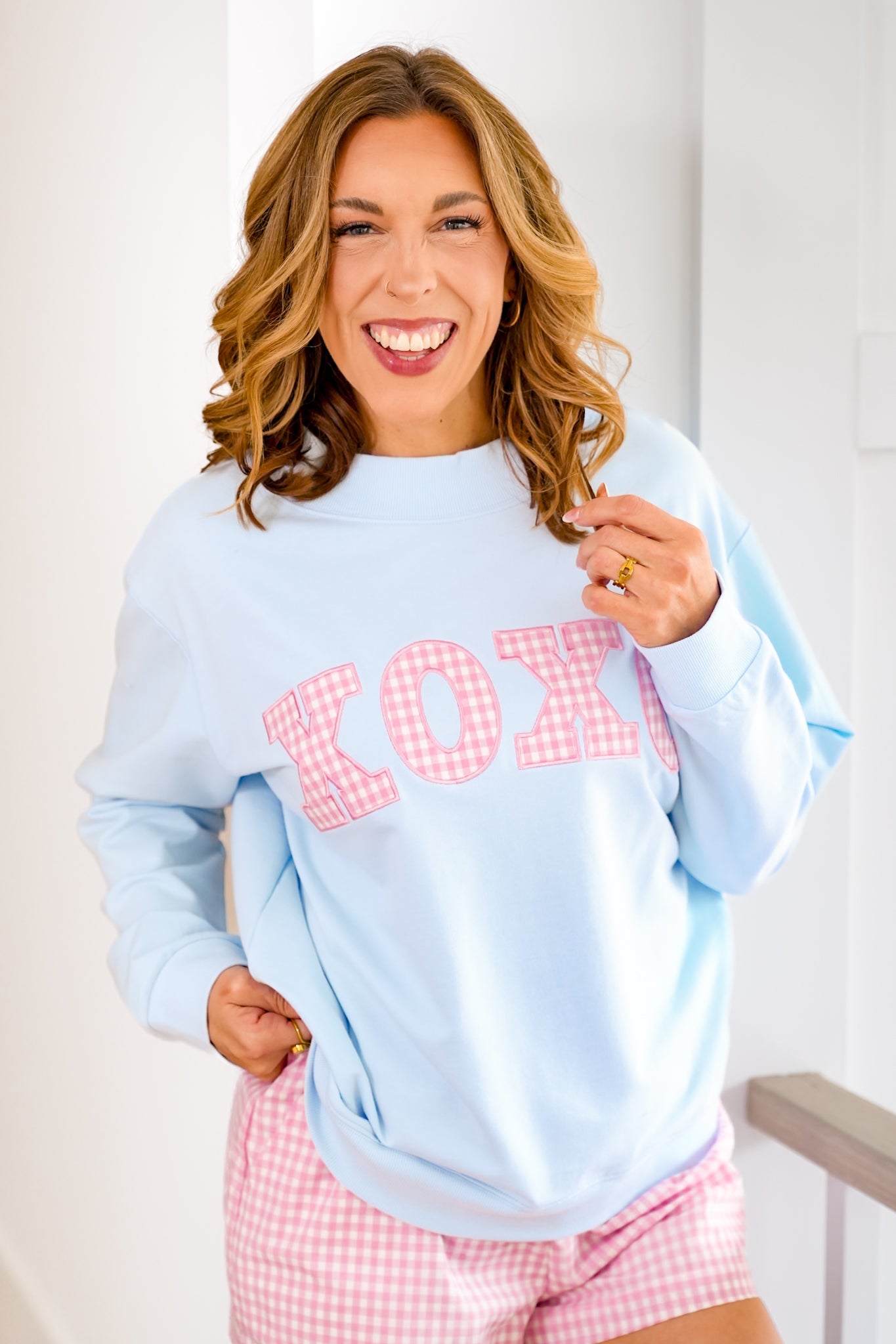 Long Sleeve Mock Neck Gingham 