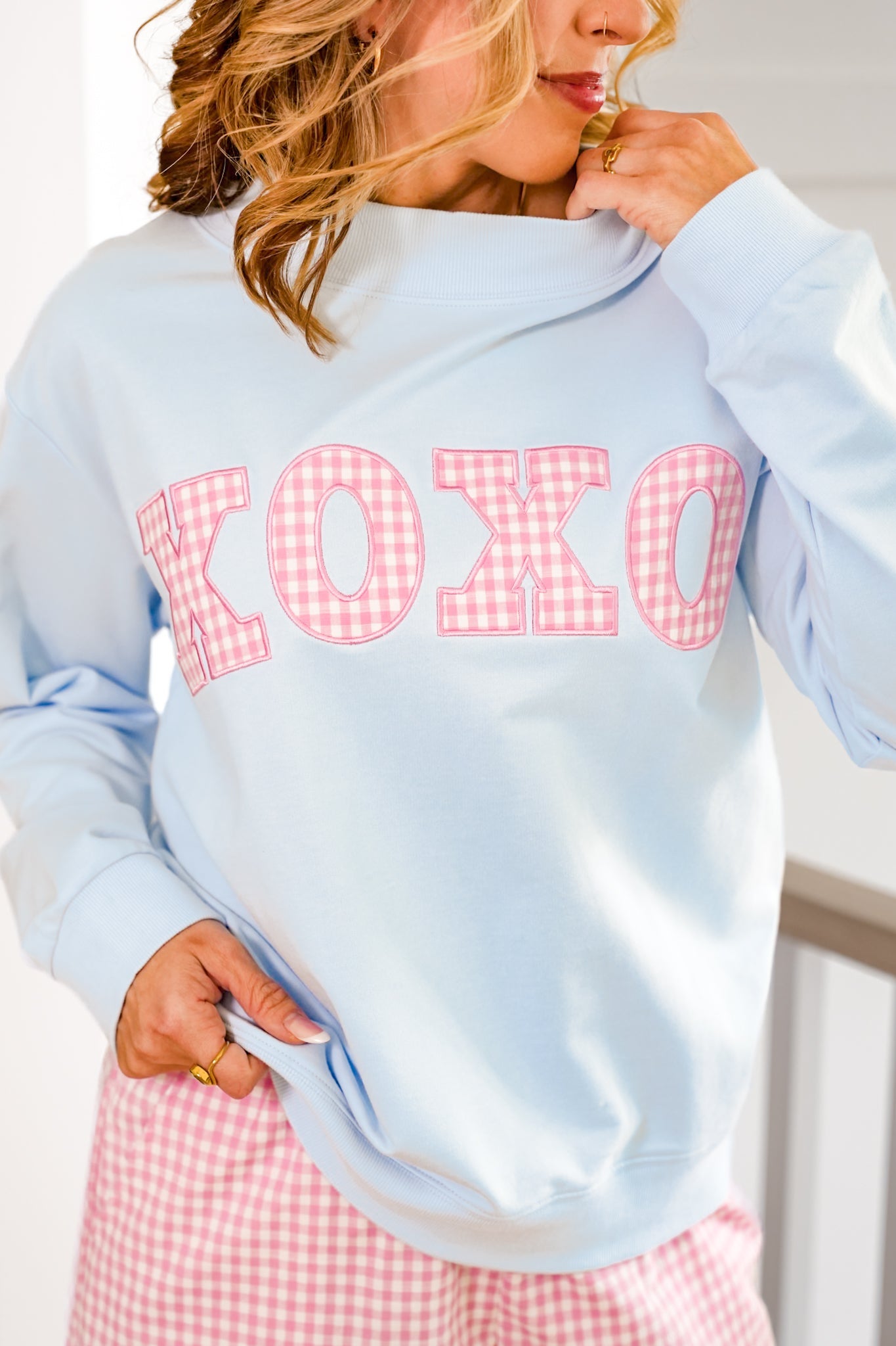 Long Sleeve Mock Neck Gingham 