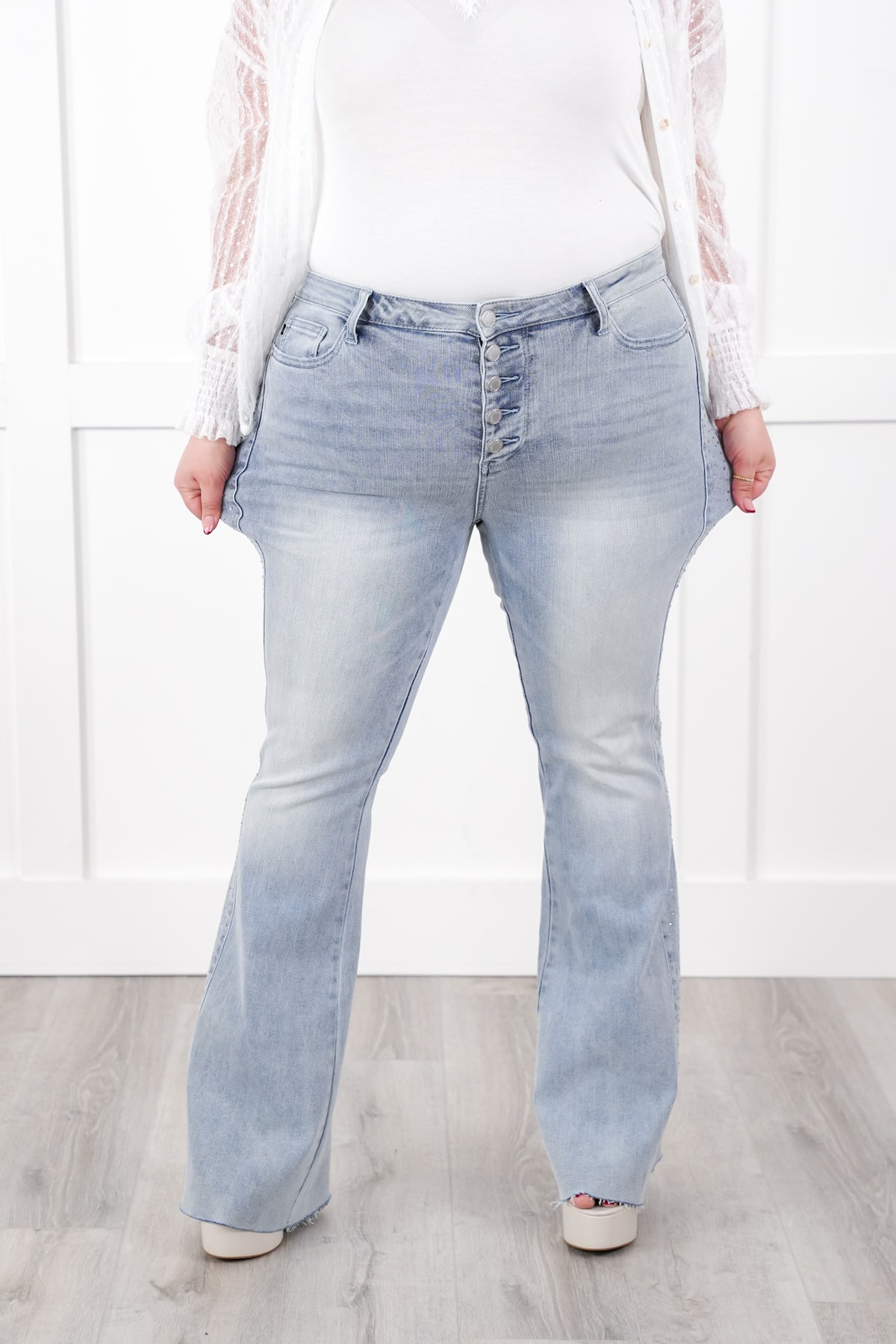 Judy Blue Mid Rise Light Wash Rhinestone Flare Button Fly