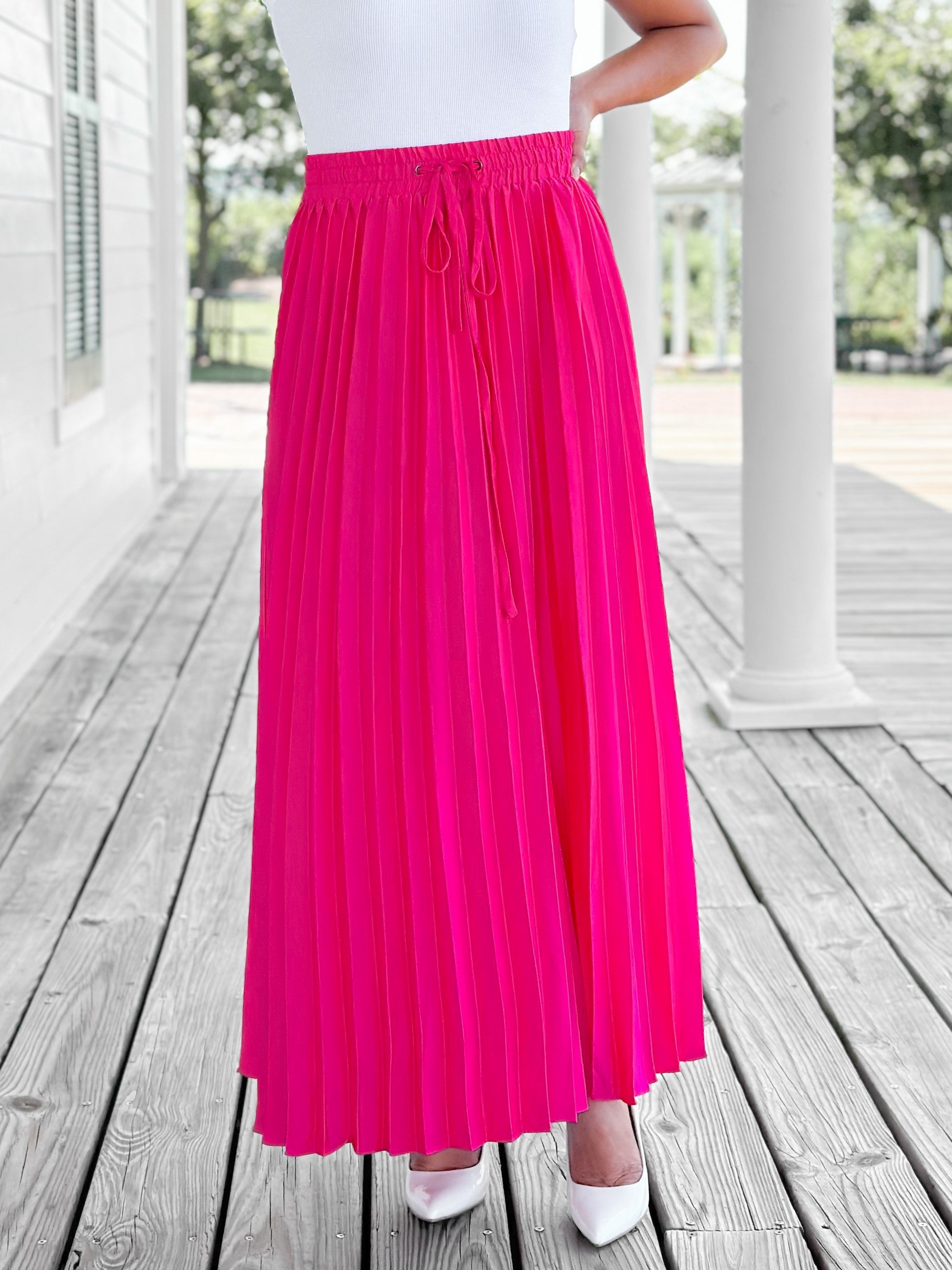 Solid Satin Pleated Maxi Skirt With Elastic Waist Multiple Colors Freckled Poppy Boutique