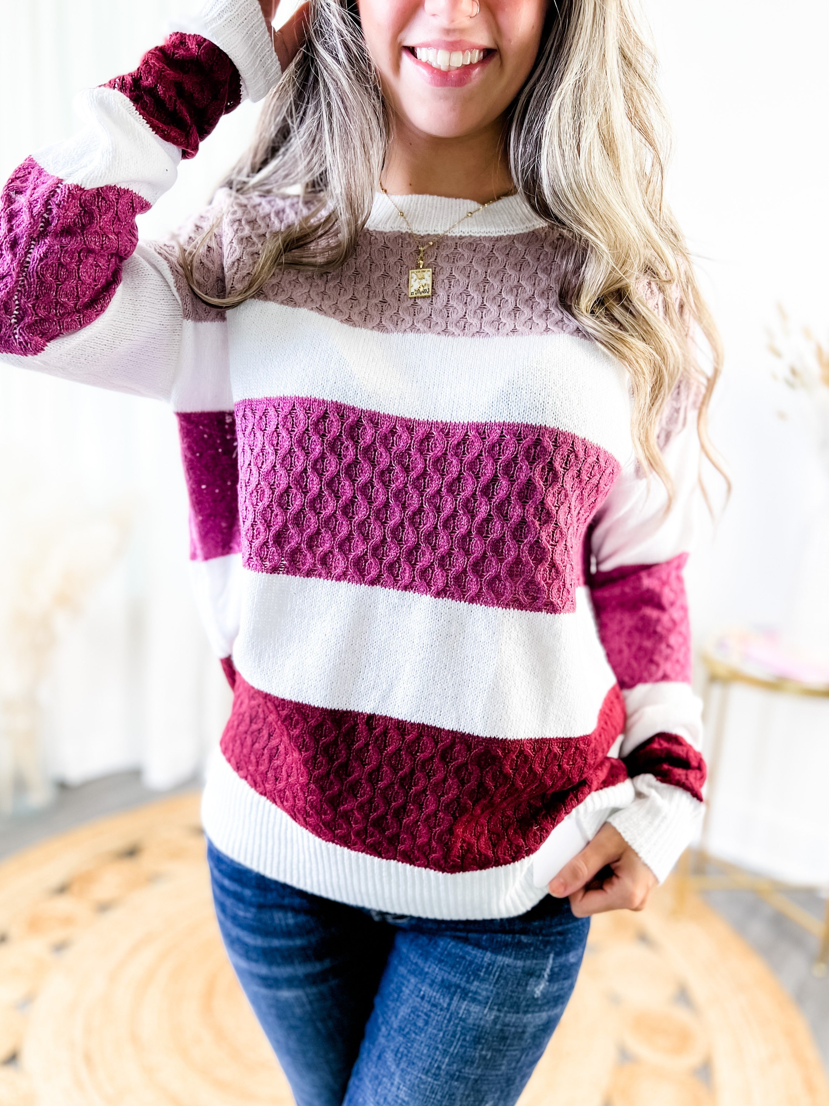 Color Block Cable Knit Long Sleeve 