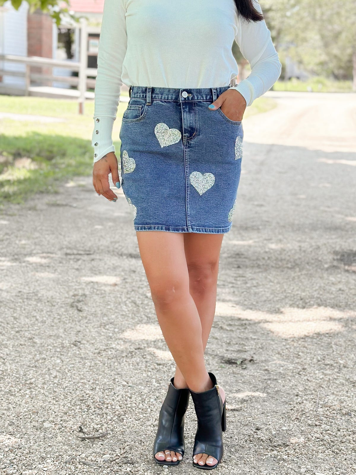 Denim Mini Skirt With Crystal Heart Patch Detail | Freckled Poppy  