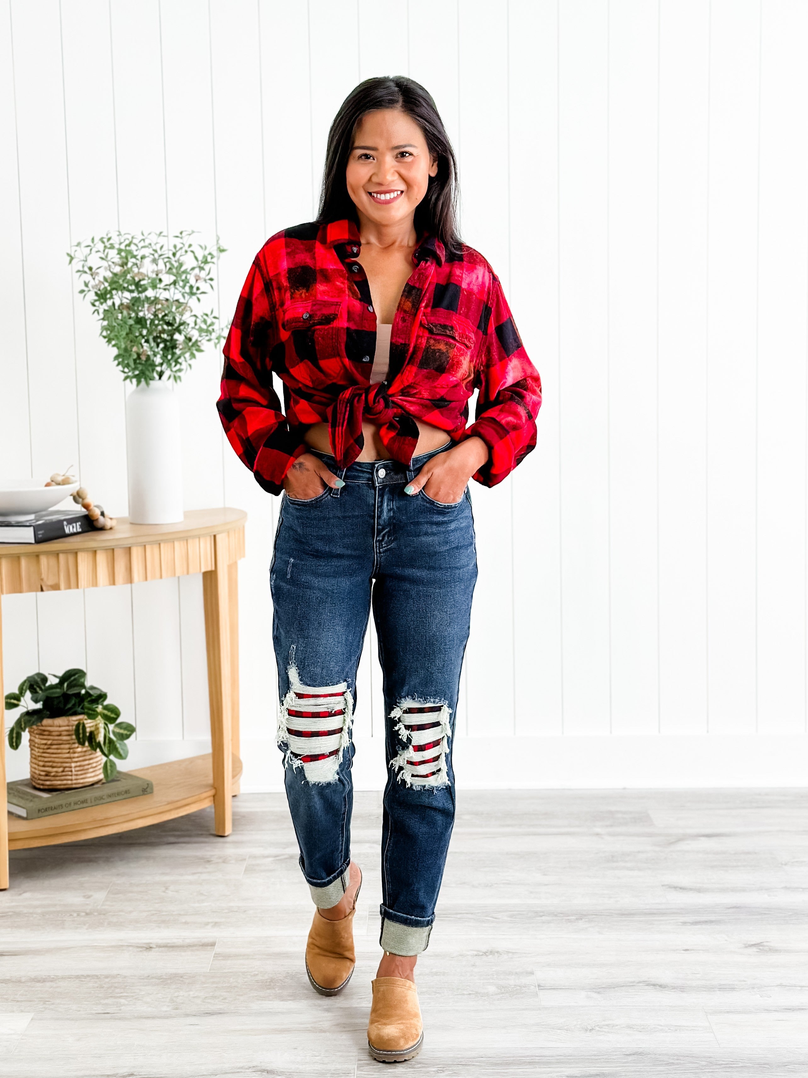 Judy Blue Warm and Cozy Mid Rise Dark Wash Boyfriend Buffalo Plaid Knee  Destroy Patches With Cuff Jeans | Freckled Poppy Boutique