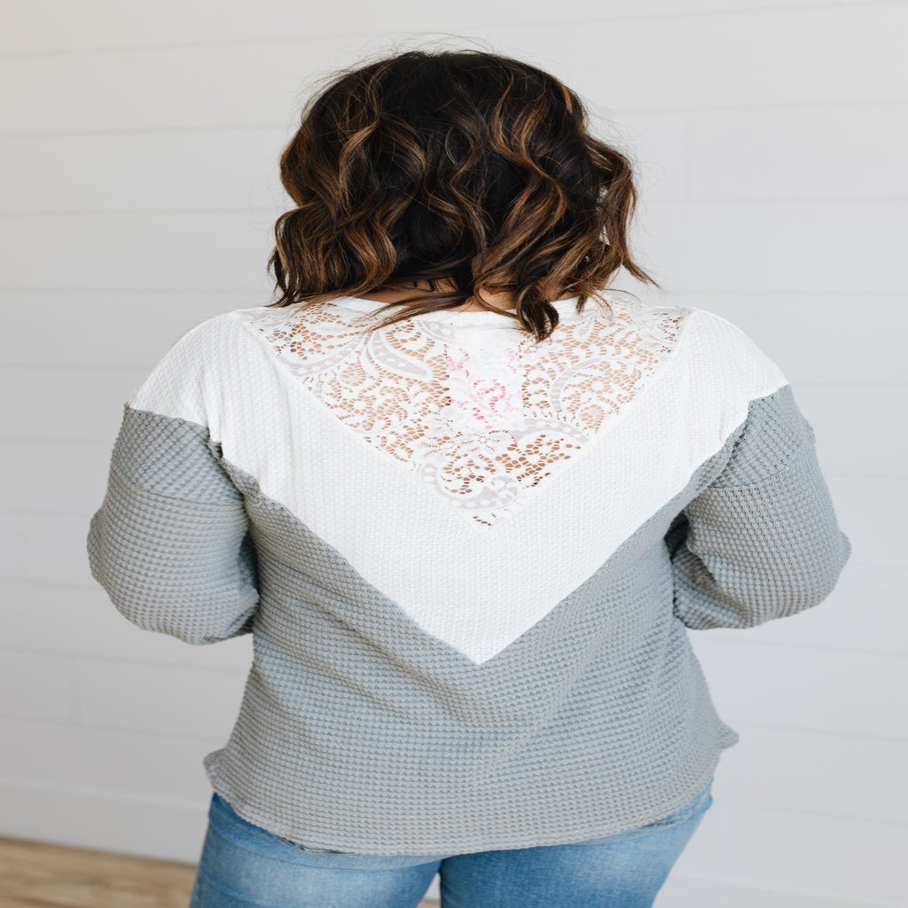 Gray Color-Blocked Lace Top