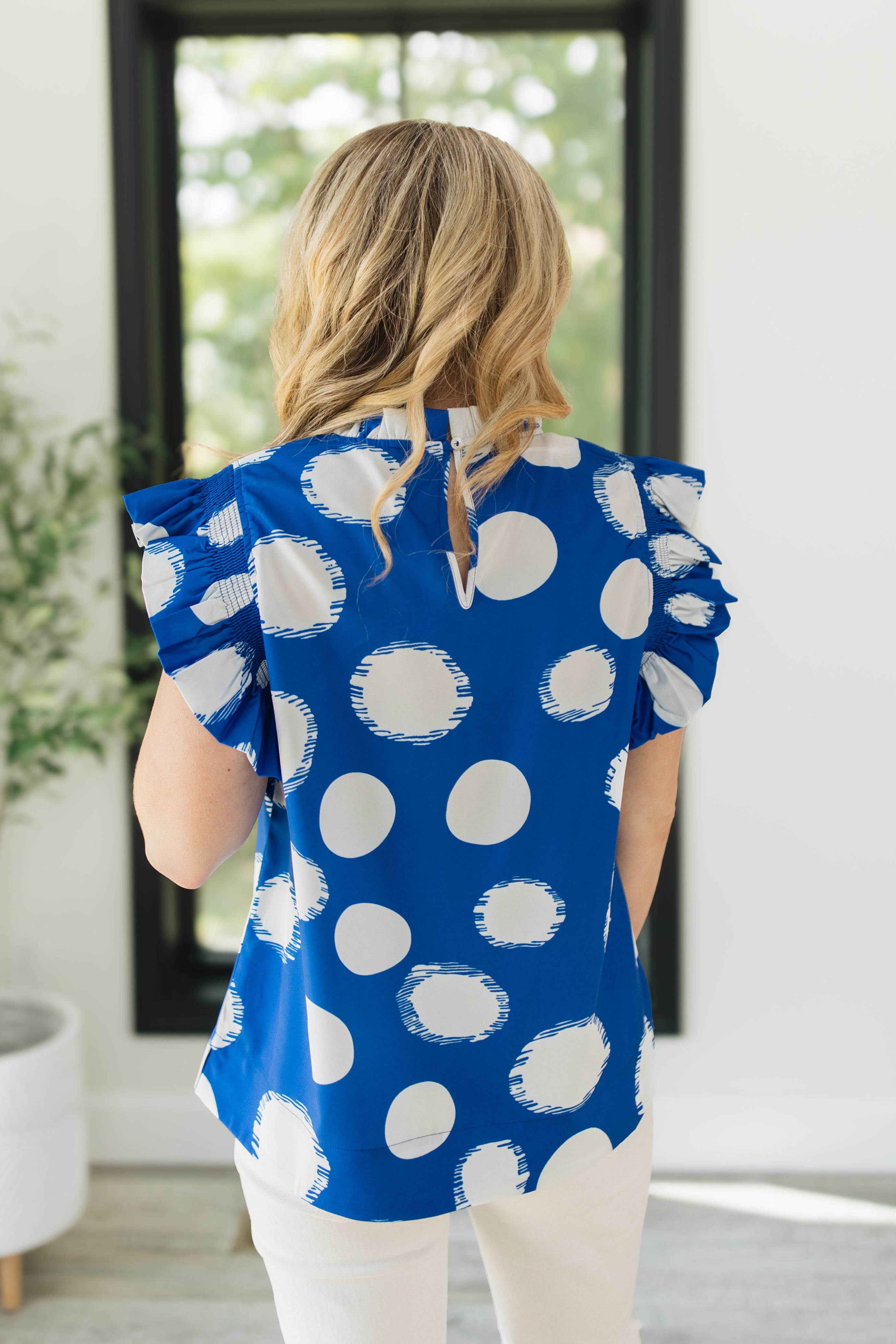 polka dot ruffle blouse