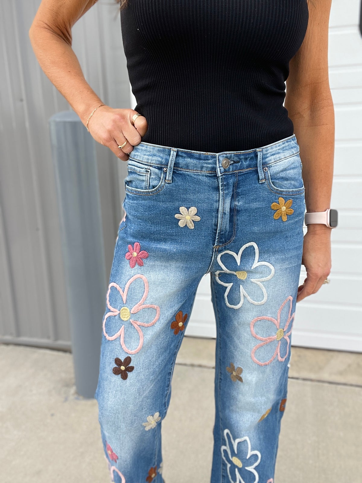 Oli & Hali Girl Power Floral Embroidery Pants In Denim *Final Sale