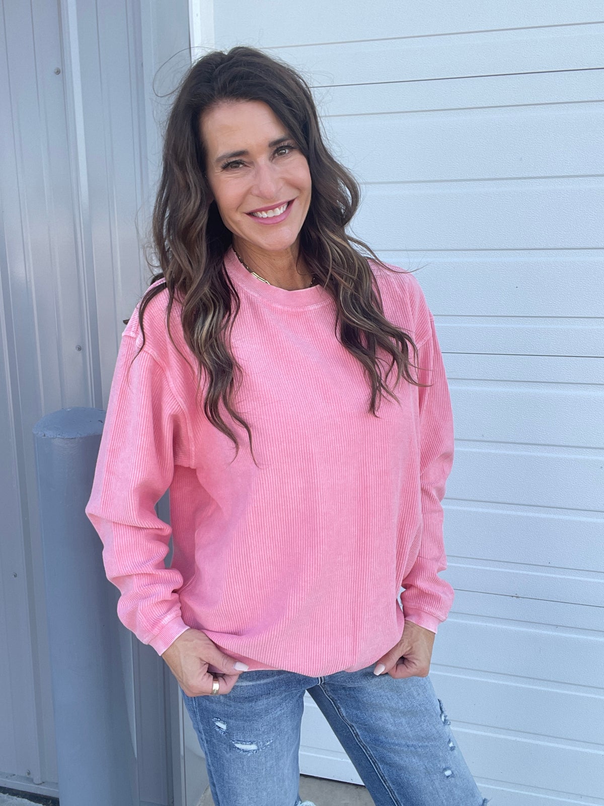 Seaside Pink Snow Washed Corded Crewneck Pullover Sweatshirt