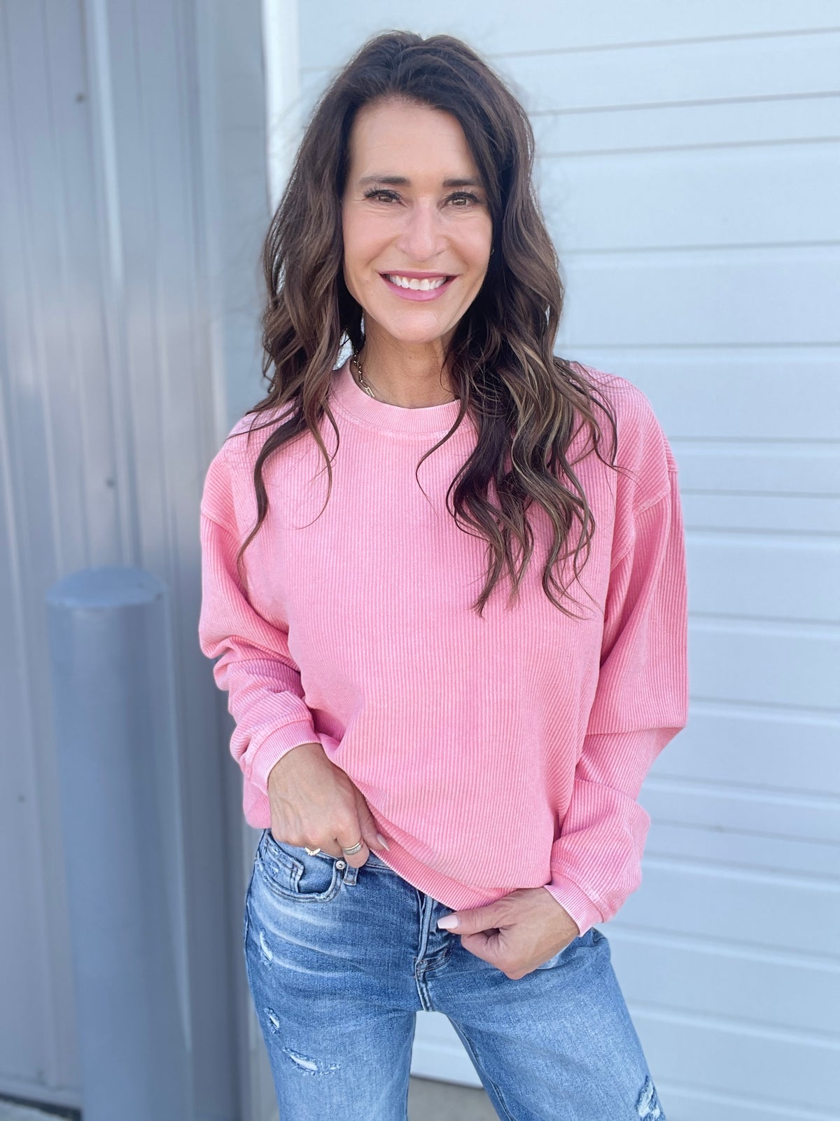 Seaside Pink Snow Washed Corded Crewneck Pullover Sweatshirt