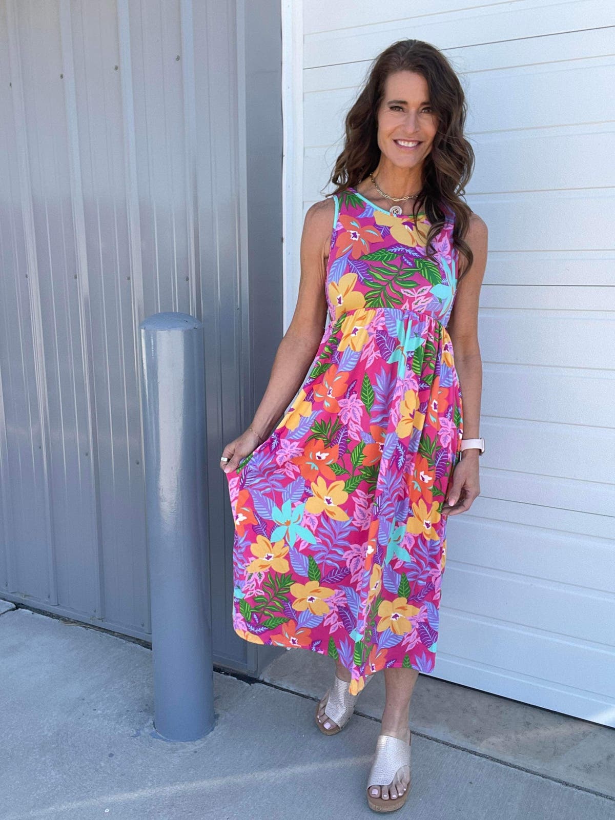 slim fit dress slacks Women Black & Purple Tropical Printed V-Neck Sleeveless Zipper-Up Woven Fit  & Flare Maxi Dress main image 0