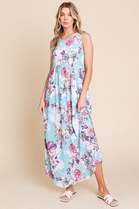 BOMBOM Floral Round Neck Sleeveless Maxi Dress with Pockets | Graeber  Jewelers
