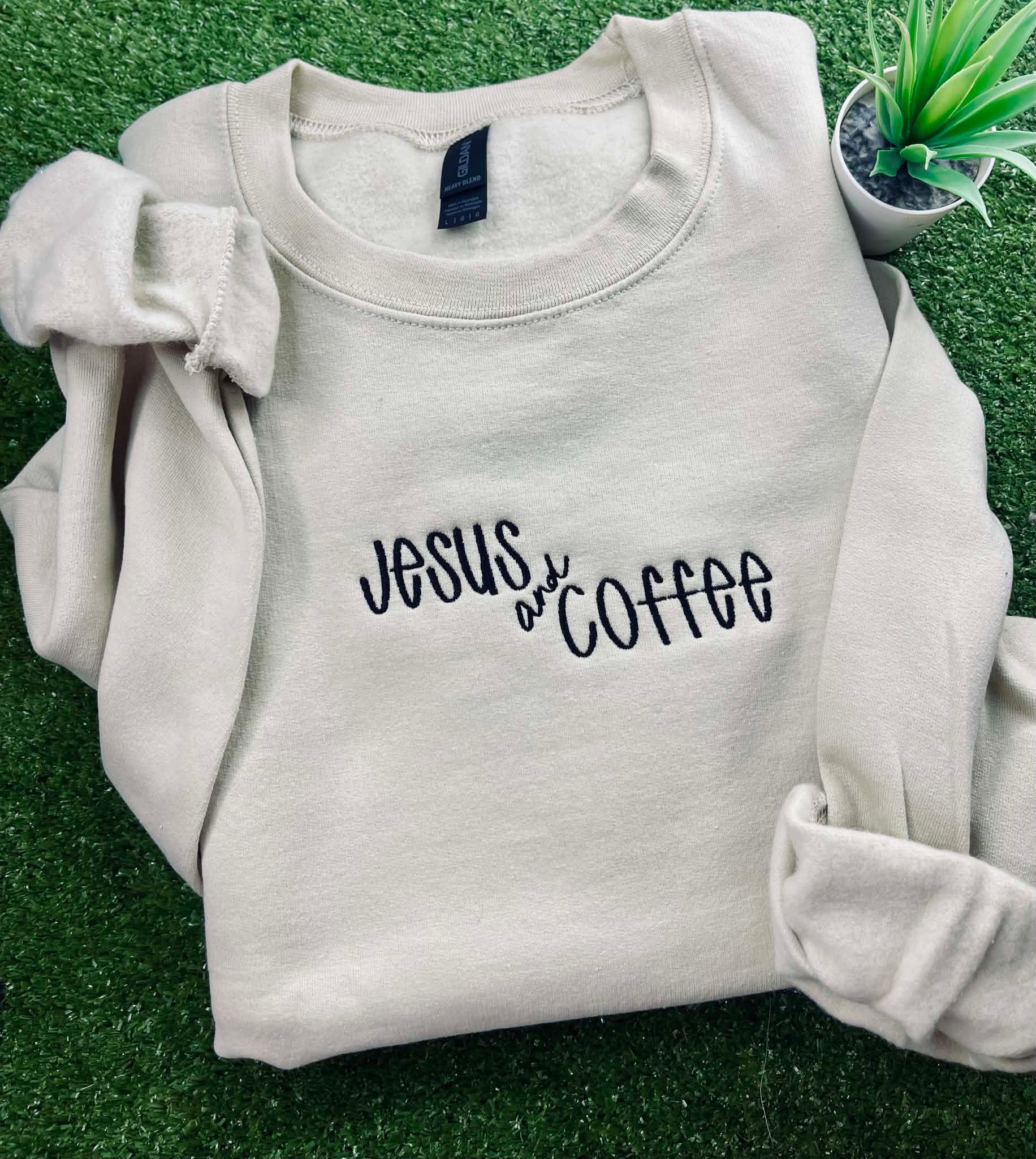 Jesus and Coffee Embroidery Sweatshirt (Black stitching)