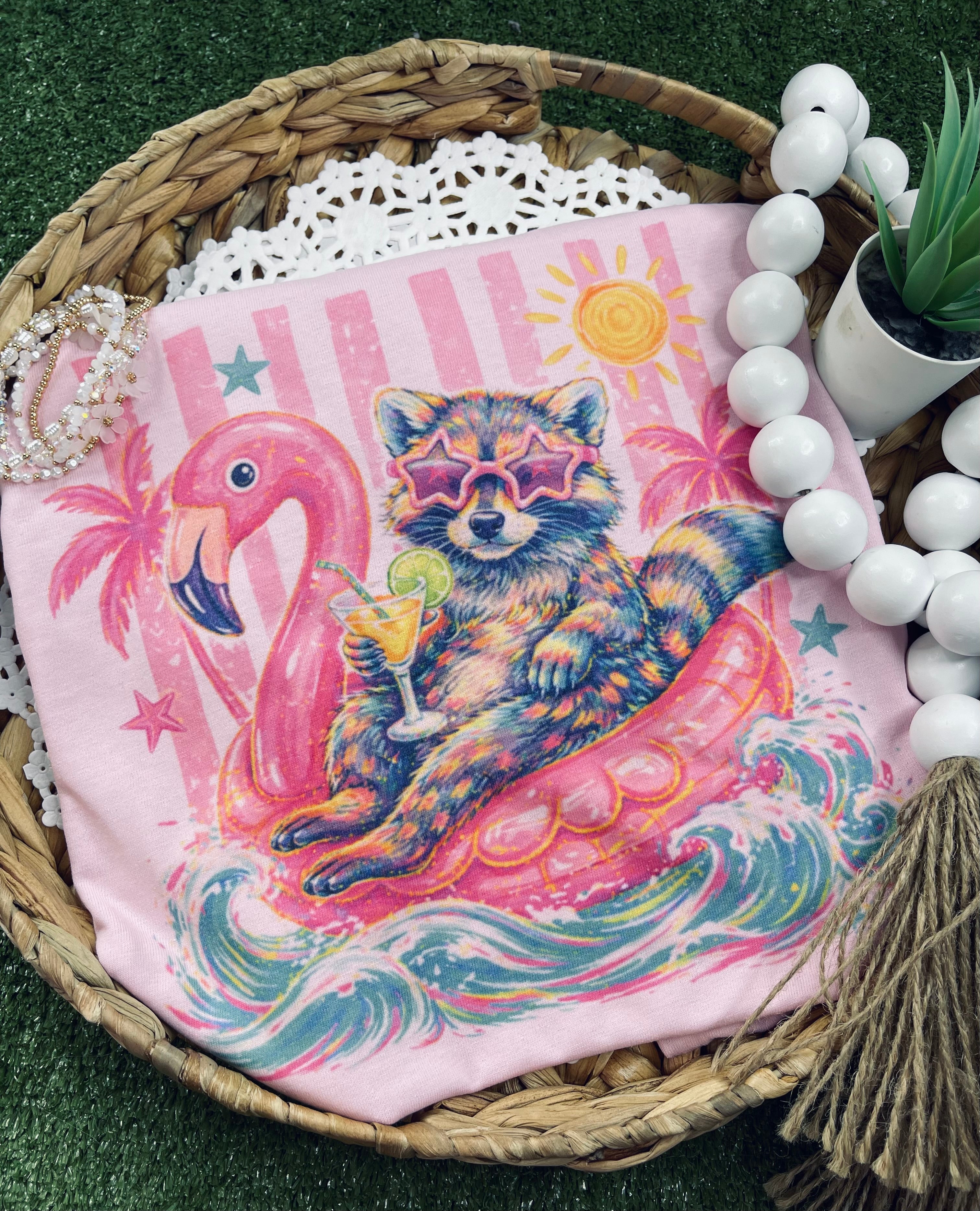 Raccoon on Flamingo Float (Tee)