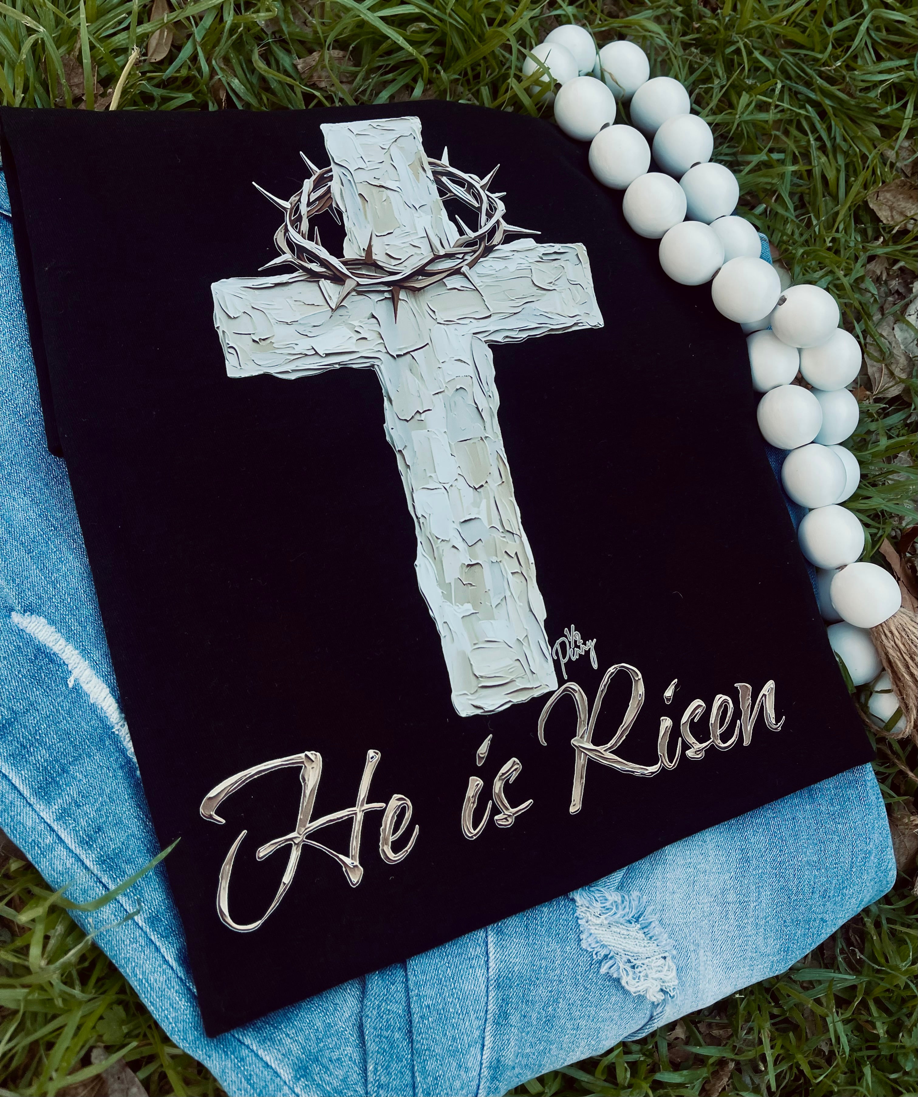 He is Risen Cross (DTF Black Tee) — another view