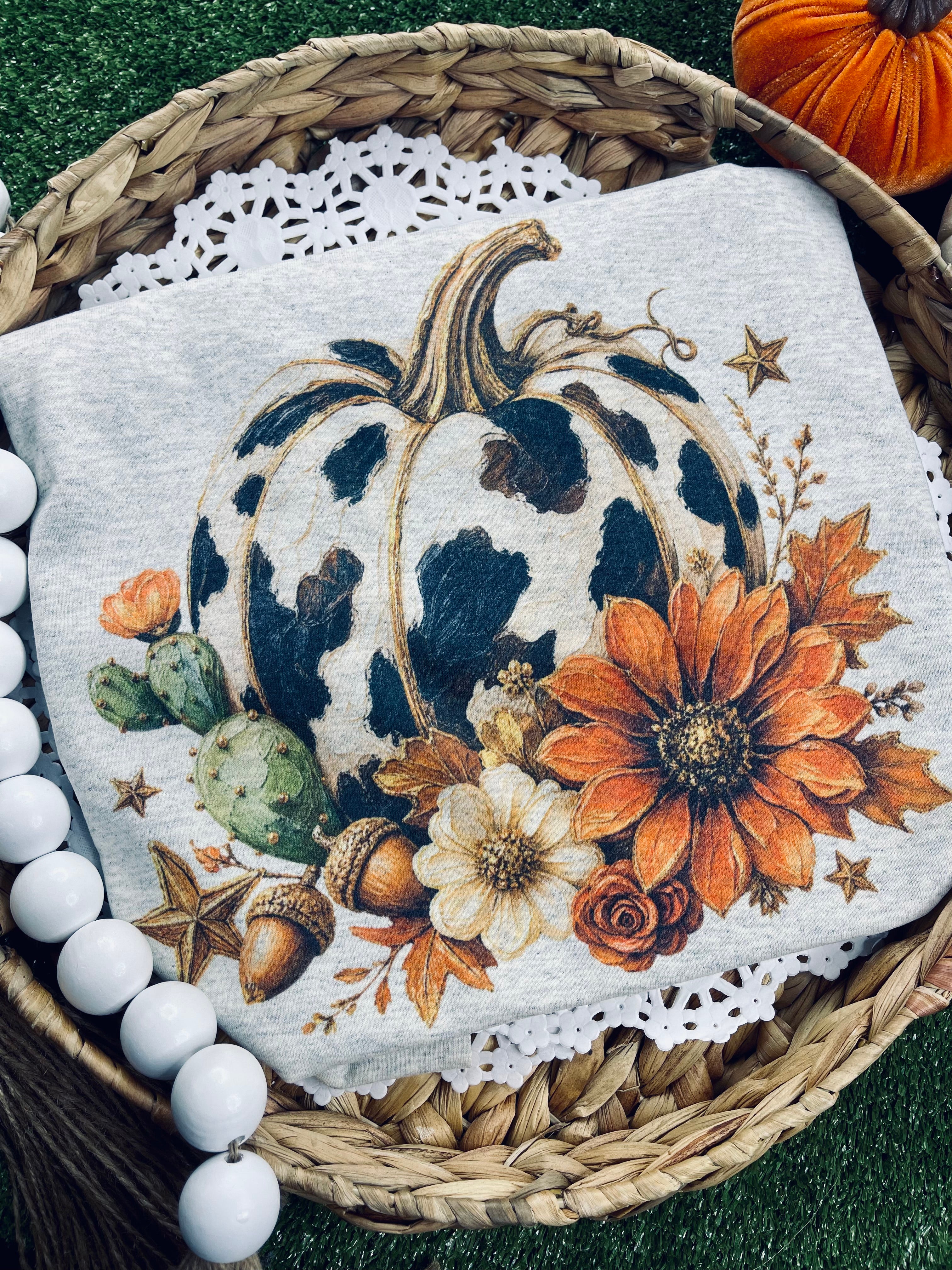 Cow Print Pumpkin Fall Floral (Tee)