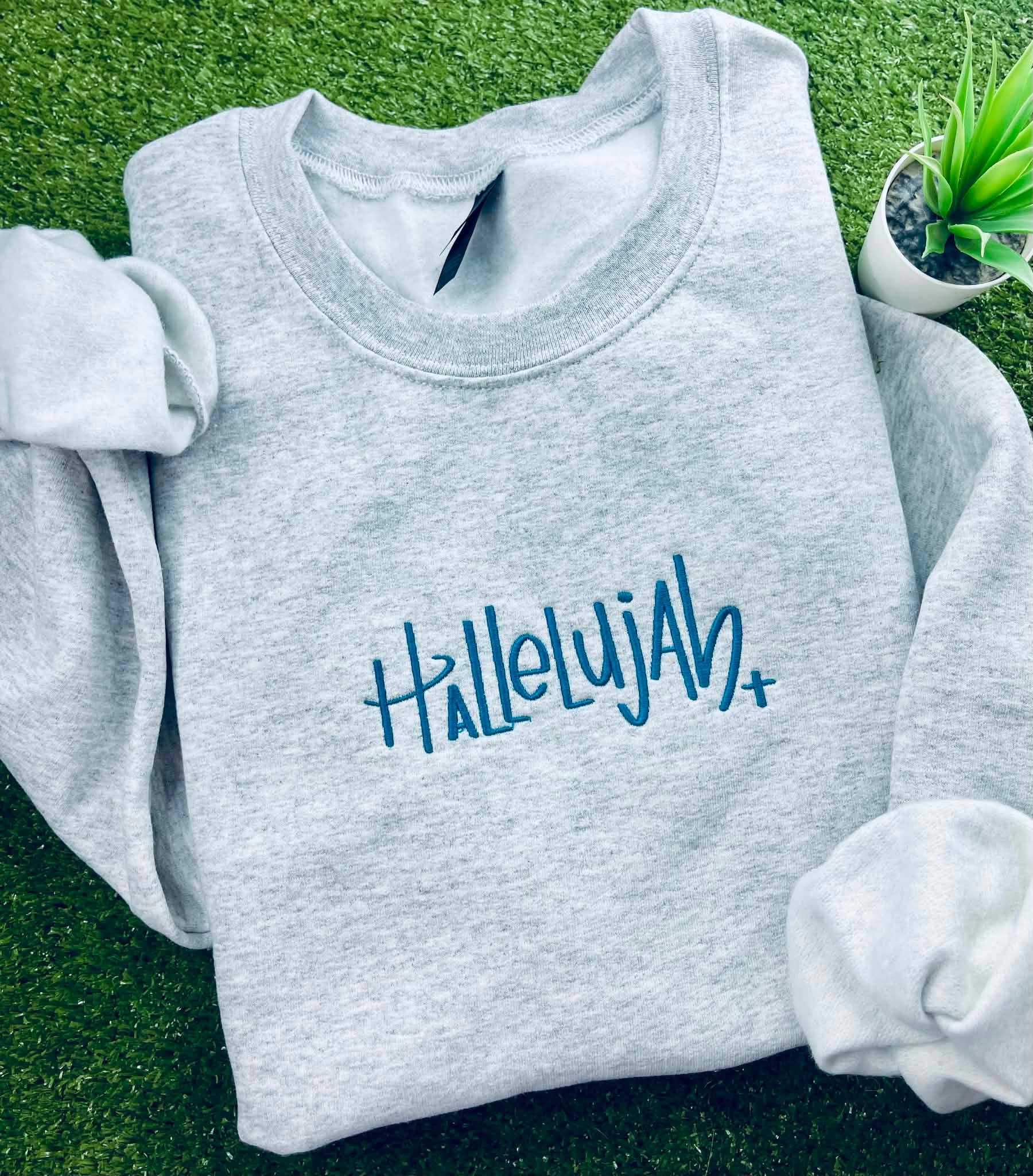Hallelujah Embroidery Sweatshirt (Teal stitching)